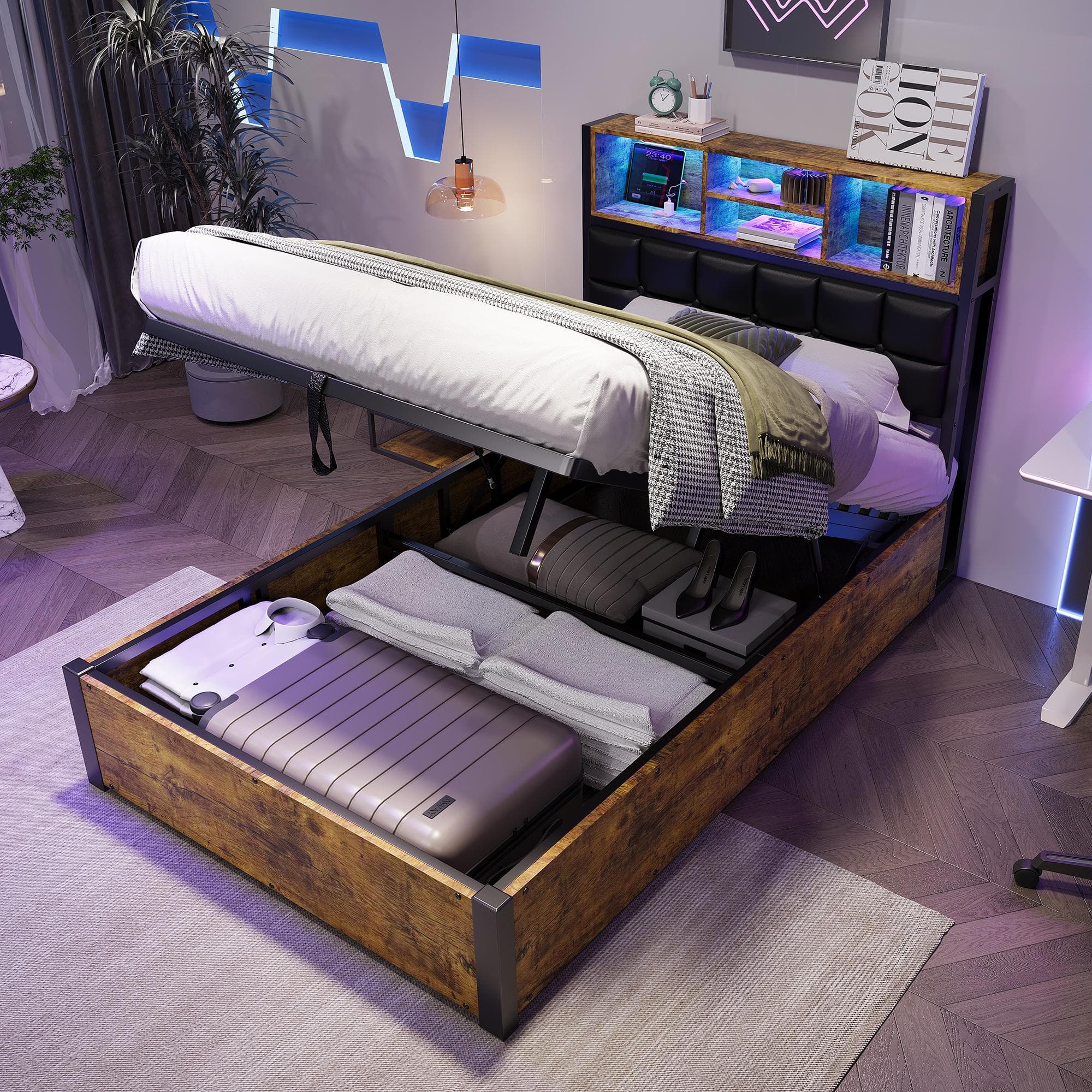 Hydraulic Storage Single Bed with Multi-Colour LED Strip, Charging Ports, Sponge Headboard for Bedroom, 208L x 96W x 107H cm, Black+Neutral | Aosom UK