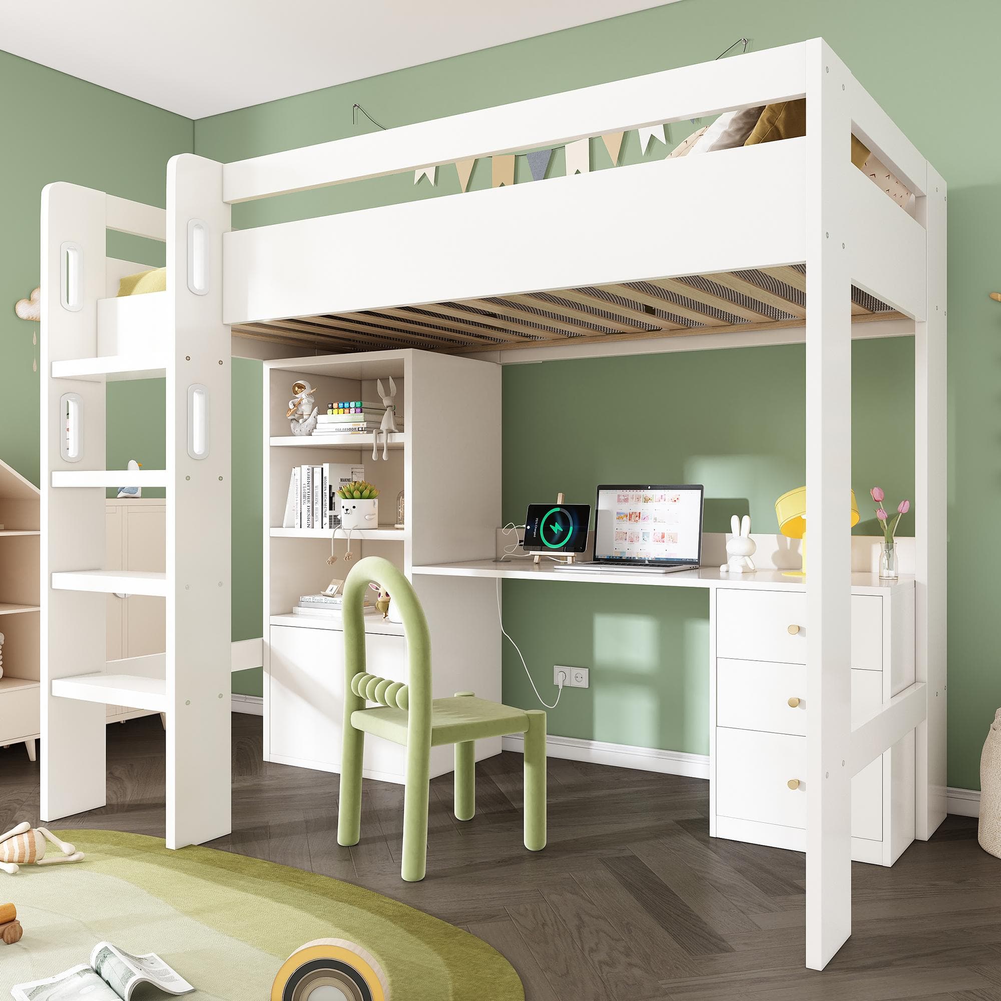 Kids' High Sleeper Loft Bed with Built-in Storage and Soft‑Close Drawers, Bunk Bed with USB/Type‑C Charging, 196L x 108W x 175H cm, White | Aosom UK