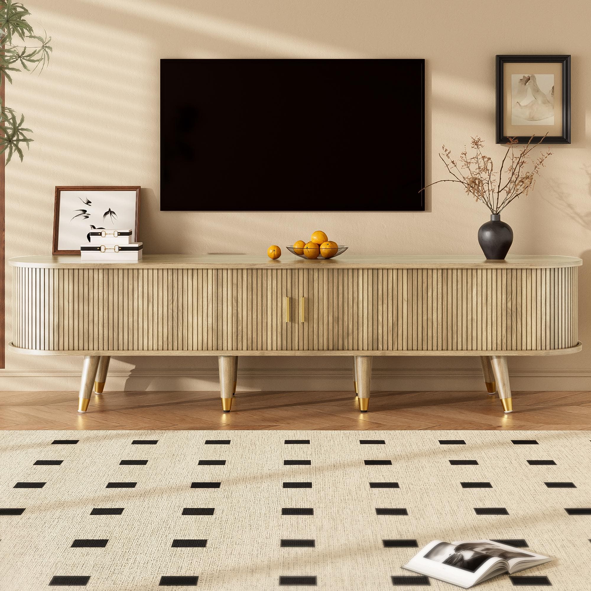 Modern TV Cabinet with Sliding Door, Large Multifunctional Storage, TV Stand with Open Shelves, Drawers, 175L x 38W x 45H cm, Natural | Aosom UK