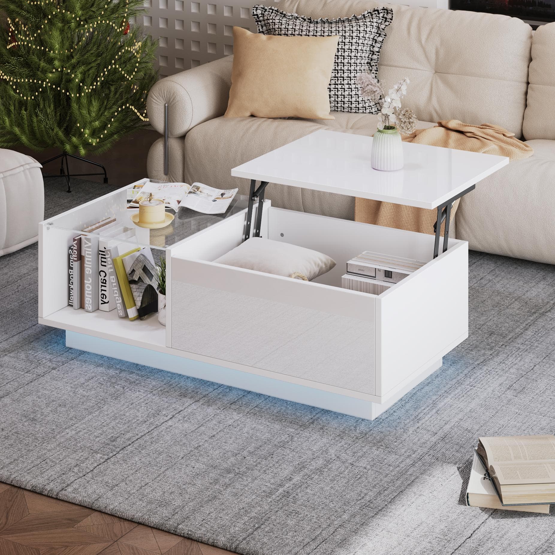 Lift-Up Coffee Table with Space-Saving Hidden and Open Storage, Desk with LED App-Controlled Lighting, 100L x 50W x 33H cm, White | Aosom UK