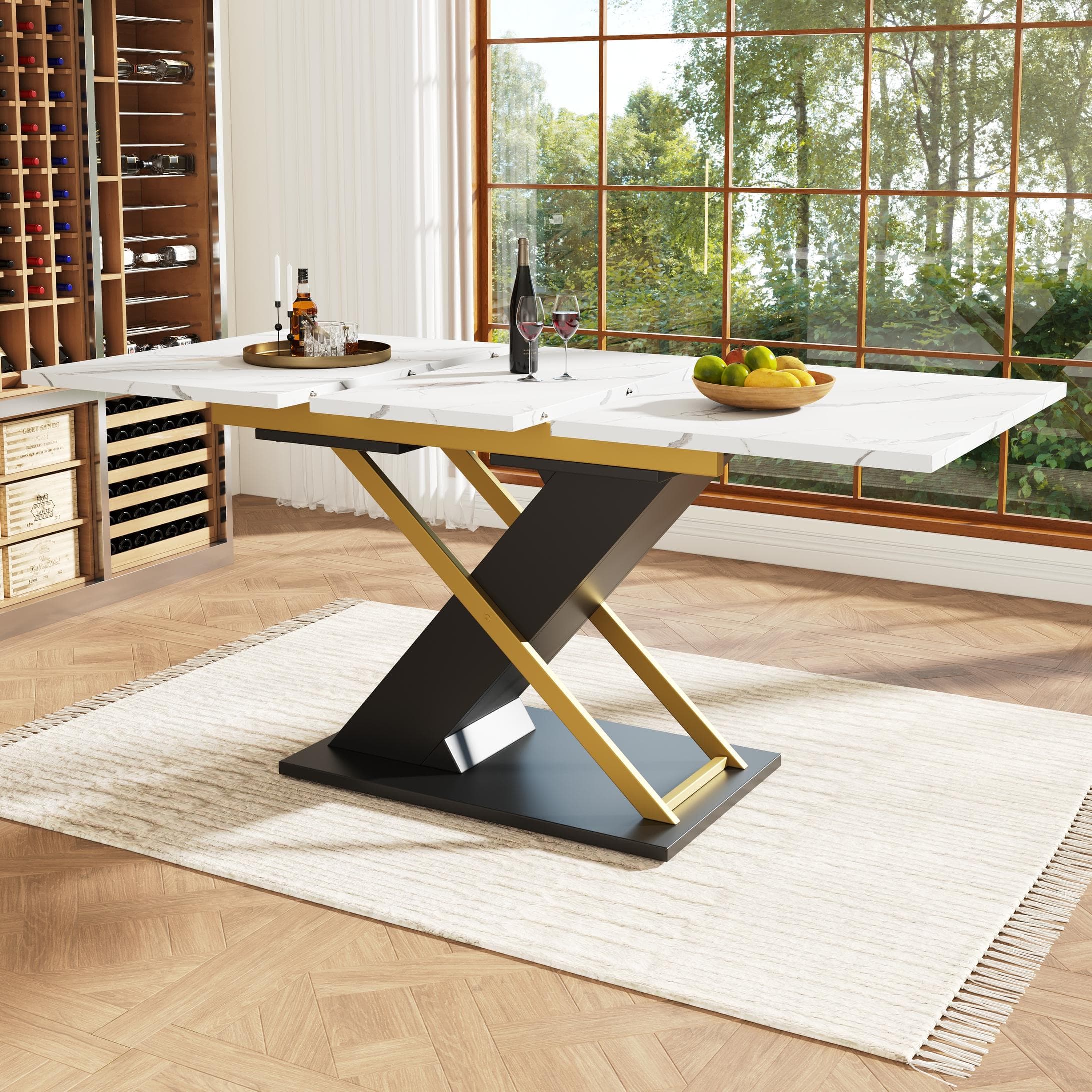 6–8 Seats Extendable Dining Table with Marble-Effect MDF Top, Kitchen Table with Metal Slide Rails, 120-160L x 80W x 75.5H cm, Black+Golden | Aosom UK