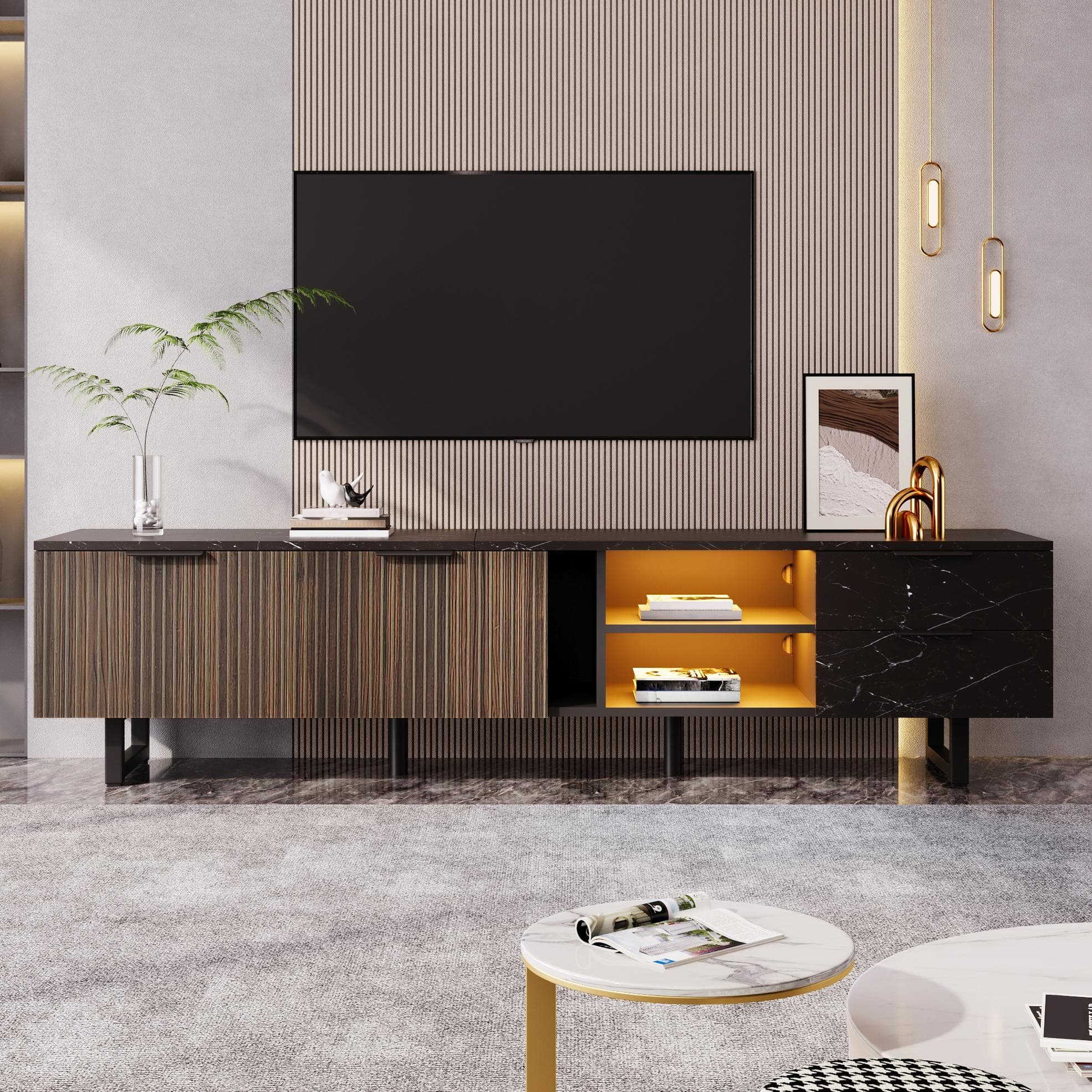 Modern TV Cabinet with 2 Wood-Grain Doors and 2 Open Shelves, TV Stand for Robot Vacuum Cleaners, 200L x 38W x 50H cm, Black+Wood | Aosom UK