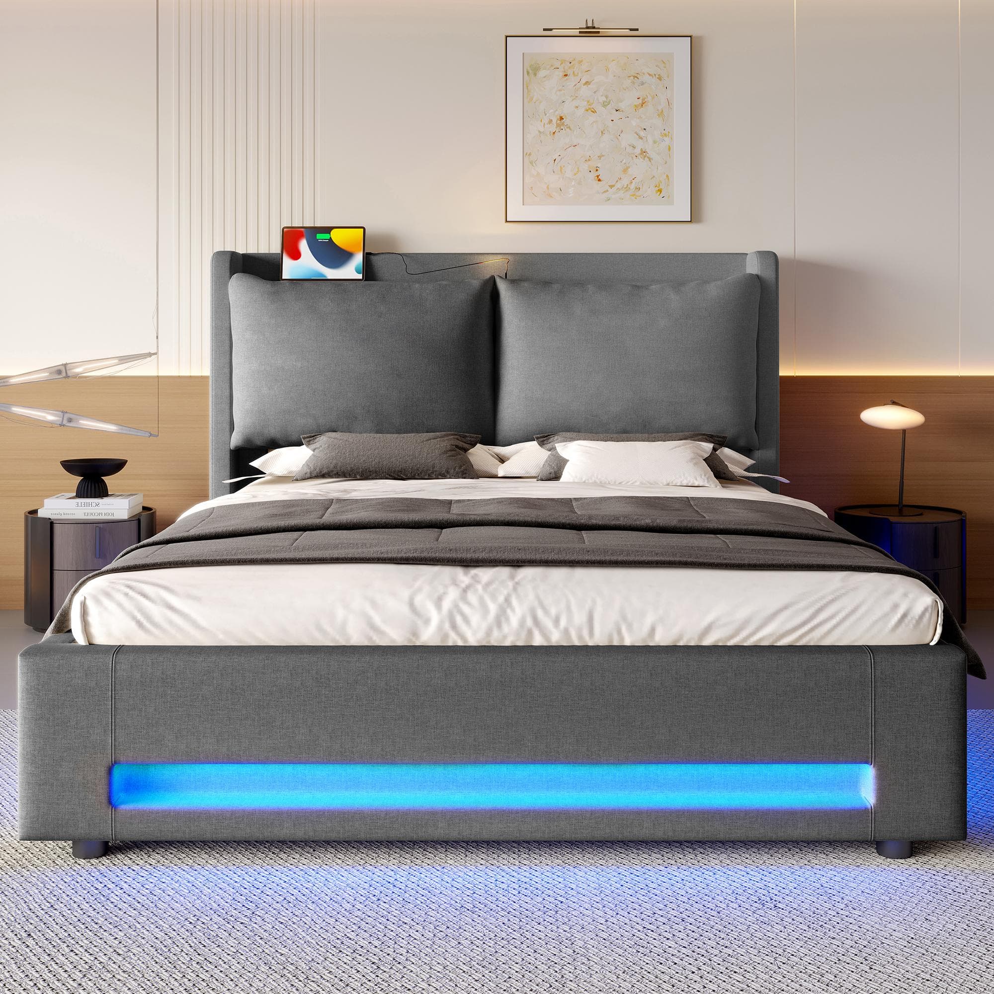 Modern Upholstered Bed with Dual USB‑C Ports and LED Lighting, Bed Frame with Hydraulic Lift Storage, 152.5L x 210W x 114H cm, Dark Gray | Aosom UK