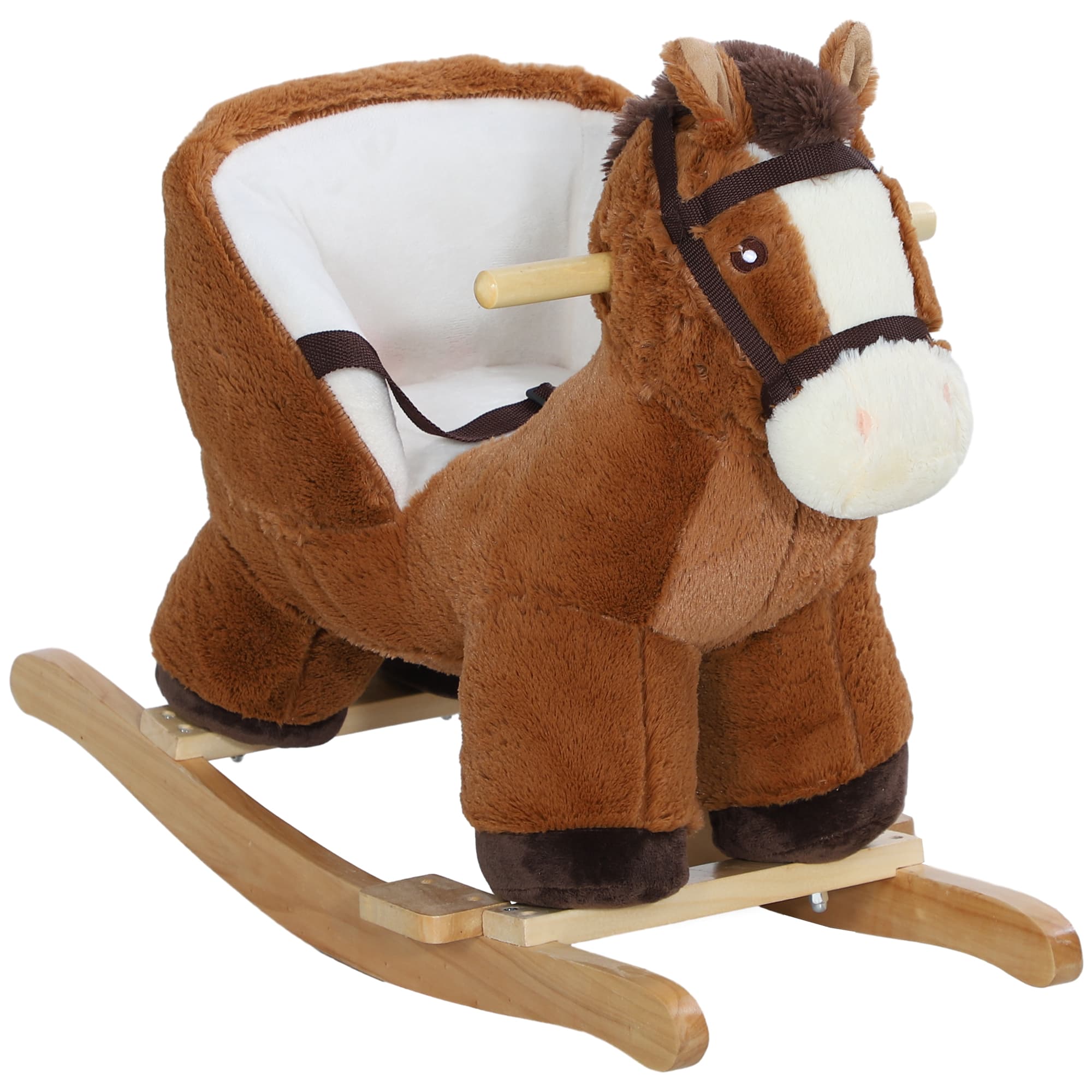 AIYAPLAY Kids Rocking Horse, Plush Ride on Horse, with Sound, Wood Base for Aged 18-36 Months - Brown | Aosom UK