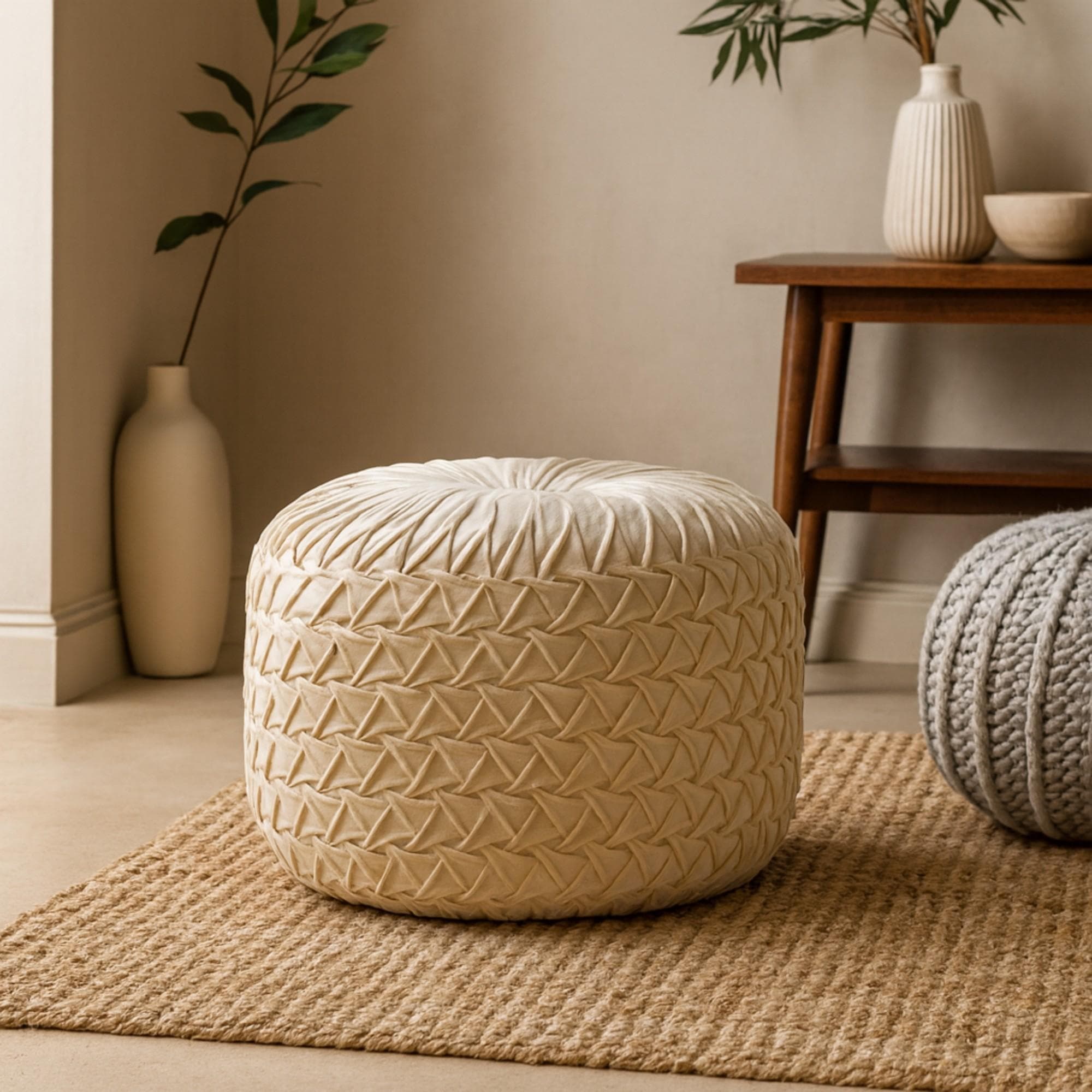 Elegant Velvet Upholstery Pouffe with Crisp White Finish, Handcrafted Pleated Design Footstool for Living Room, 46L x 46W x 33H cm, White | Aosom UK