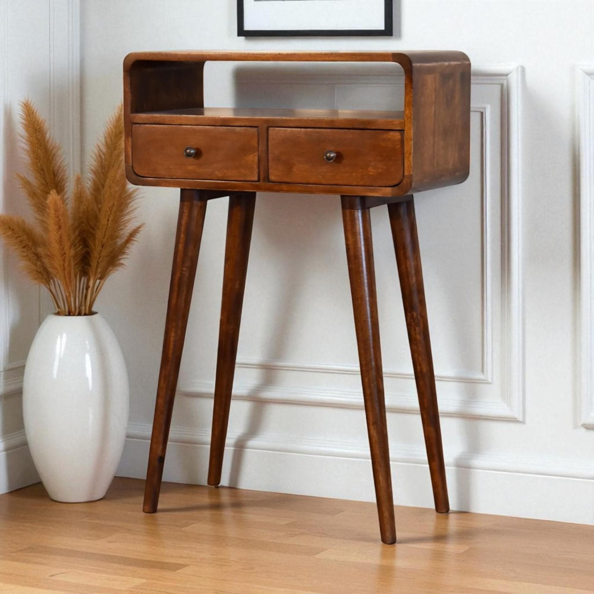 Solid Mango Wood Mini Console Table with 2 Drawers and Open Slot, Desk with Deep‑Penetrating Stain Finish, 30L x 60W x 90H cm, Brown | Aosom UK