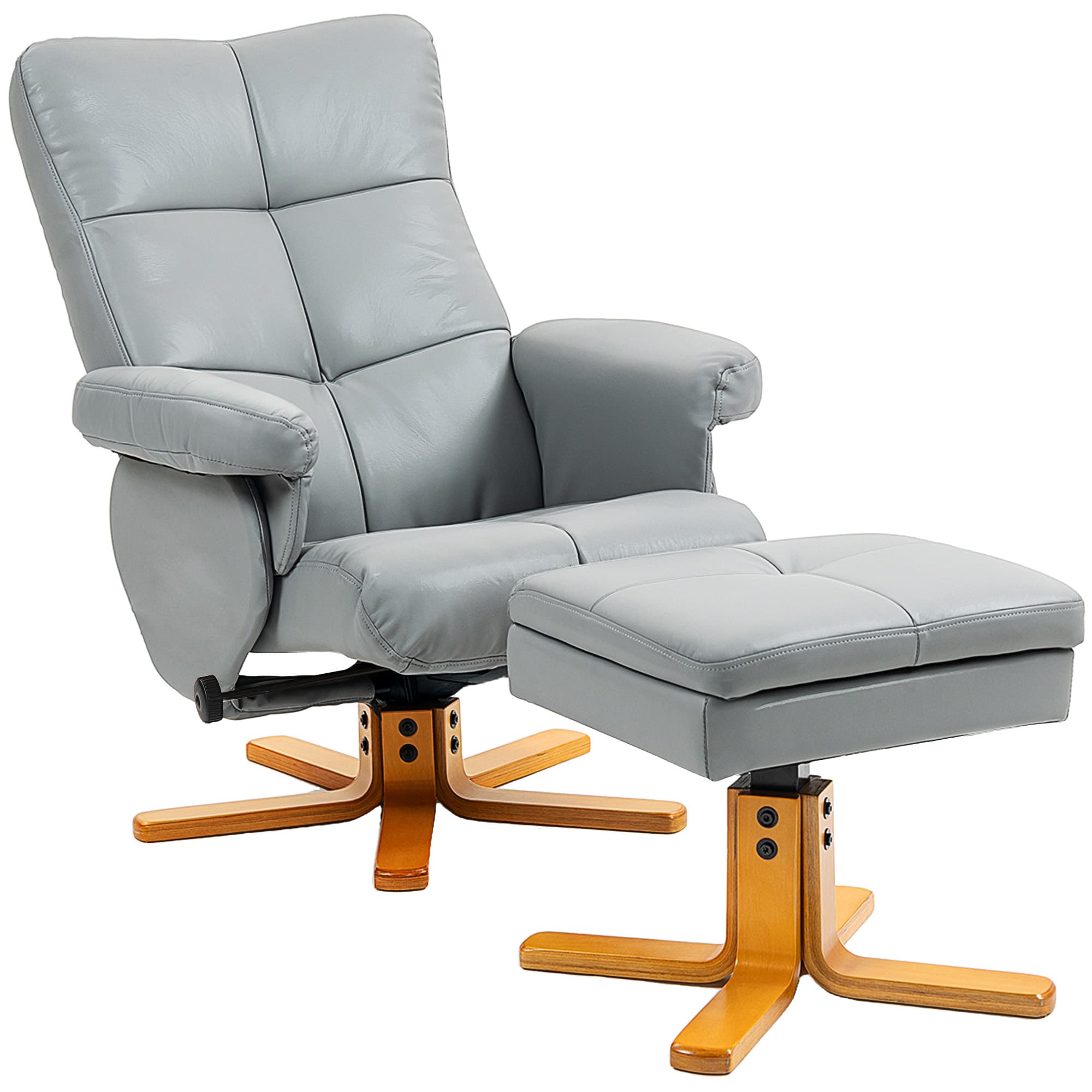 HOMCOM PU Leather Swivel Recliner Chair with Footstool, Wooden Base and Storage, Light Grey | Aosom UK