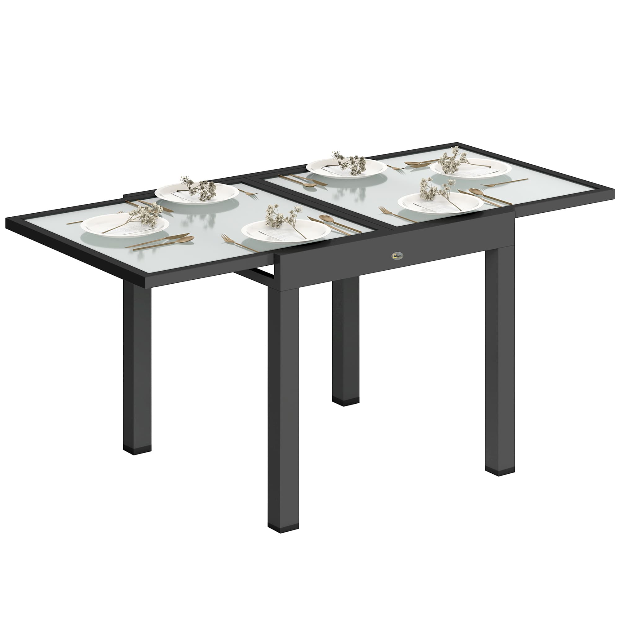 Outsunny Extendable Outdoor Garden Dining Table, Space-Saving Aluminium Frame with Clear Tempered Glass Top, 80/160 x 80 x 75 cm, Black | Aosom UK