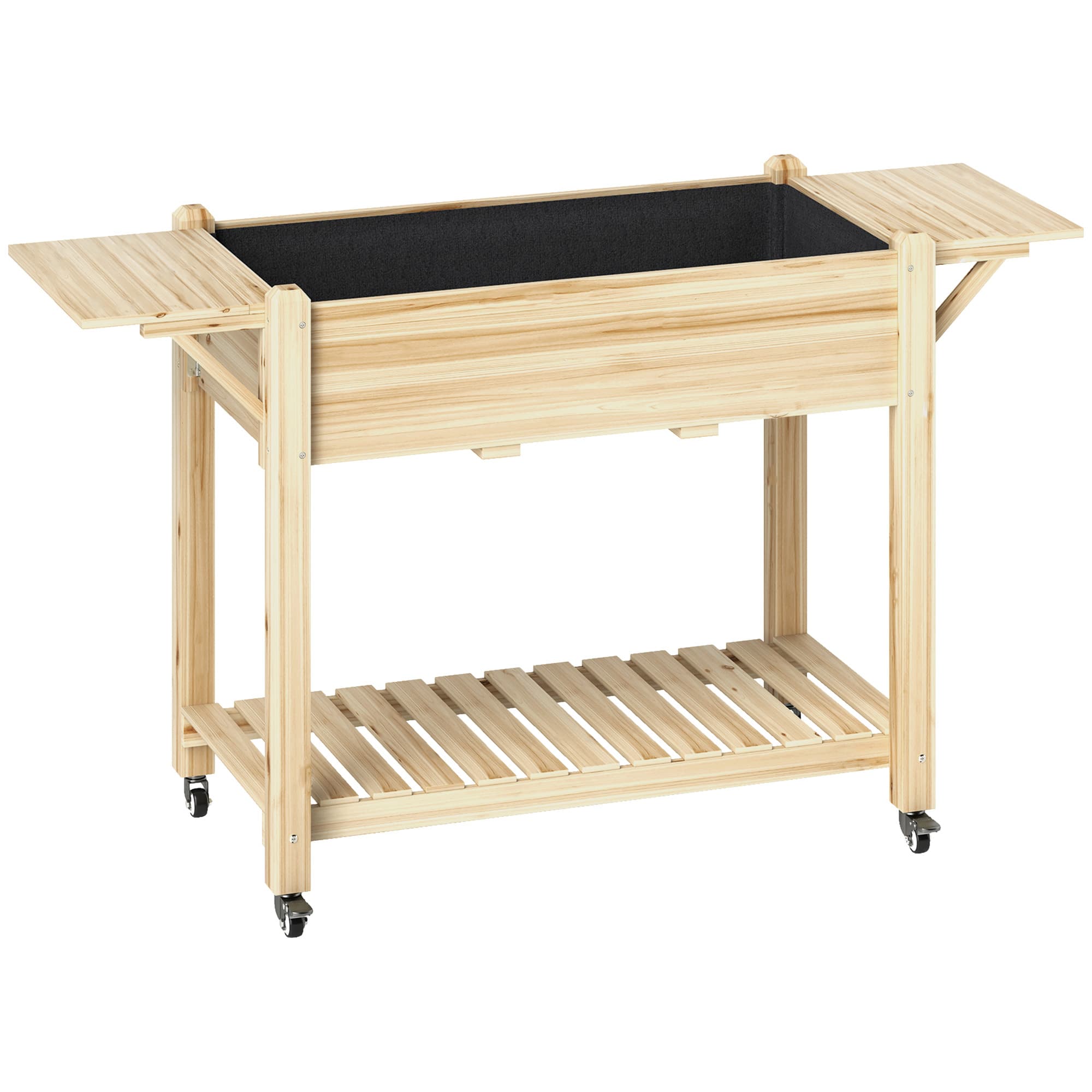 Outsunny Raised Garden Bed, Wooden Elevated Planter Box with Lockable Wheels, Side Tables and Bottom Shelf for Vegetables, Flowers, Natural