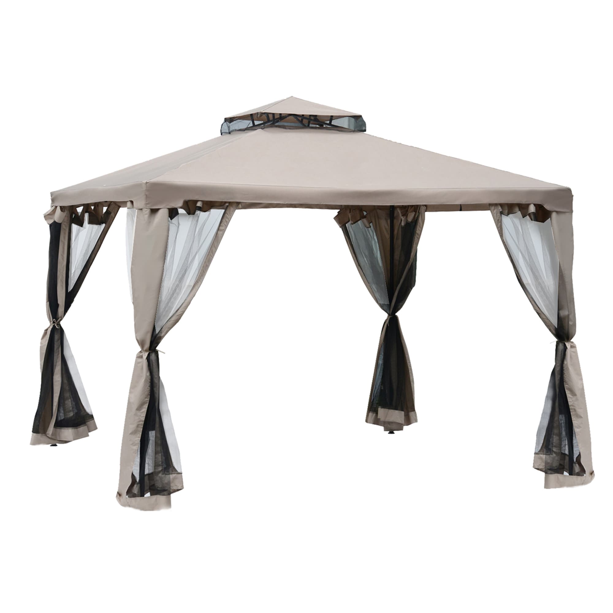 Outsunny 3x3m Outdoor Garden Gazebo Tent, Ventilated 2-Tier Roof Patio Canopy Event Shelter with Mesh Netting, Taupe | Aosom UK