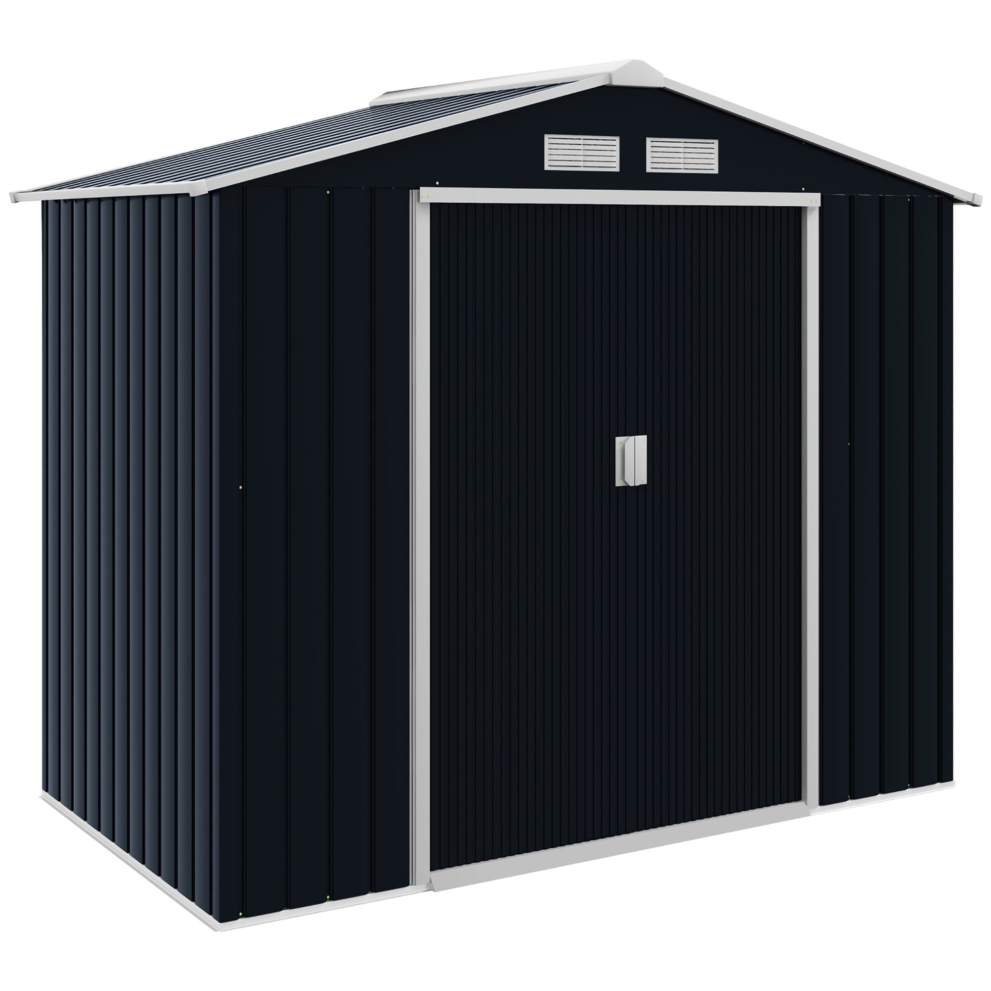 Outsunny Weatherproof Shed, Large Patio Roofed Tool Metal Storage Shed with Foundation, Garden tool shed, 7ft x 4ft, Dark Grey | Aosom UK