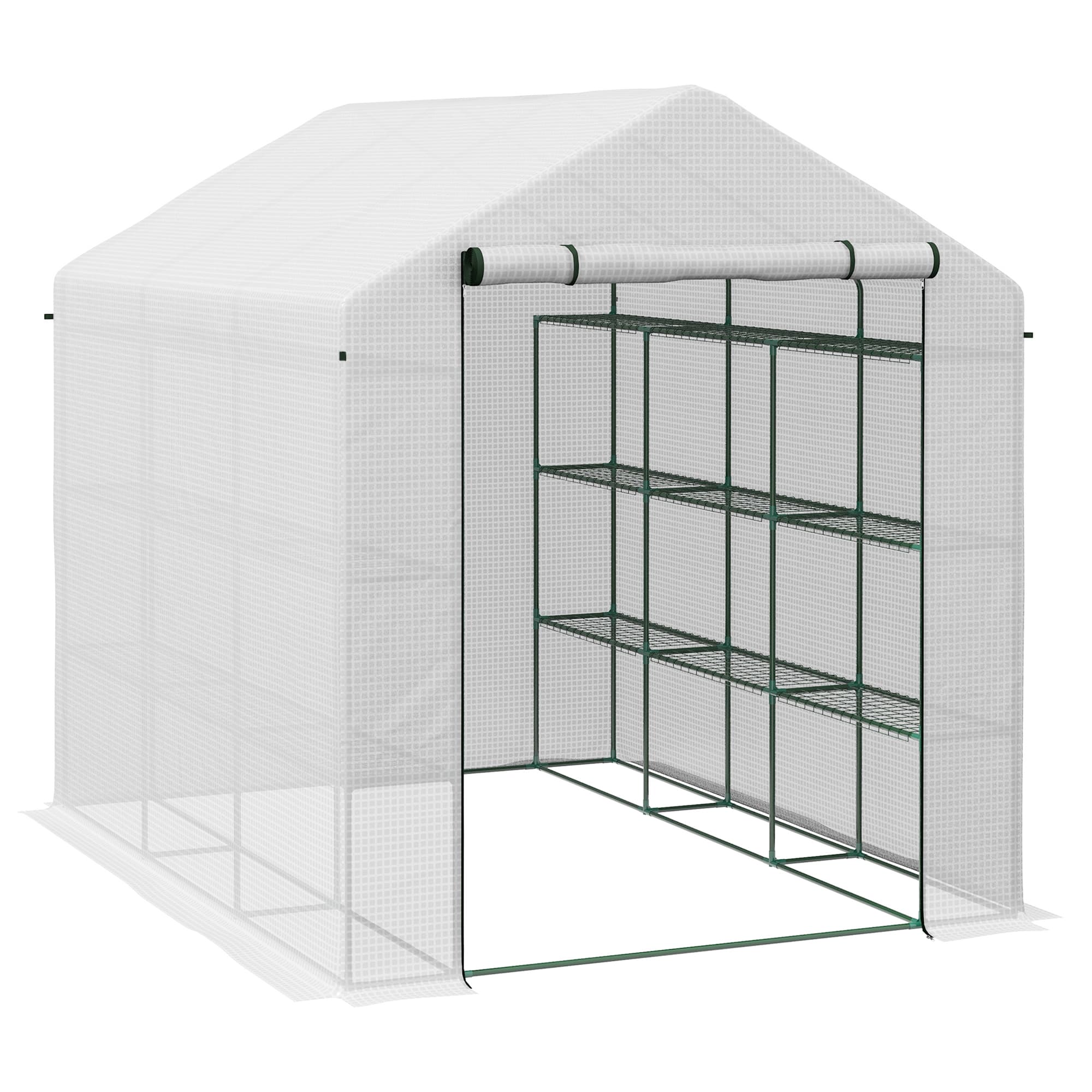 Outsunny Walking Greenhouse with 4 Tier 24 Shelves, Portable Poly Tunnel with Roll-up Zipped Door, 2.5 x 1.8 x 2 m, White | Aosom UK