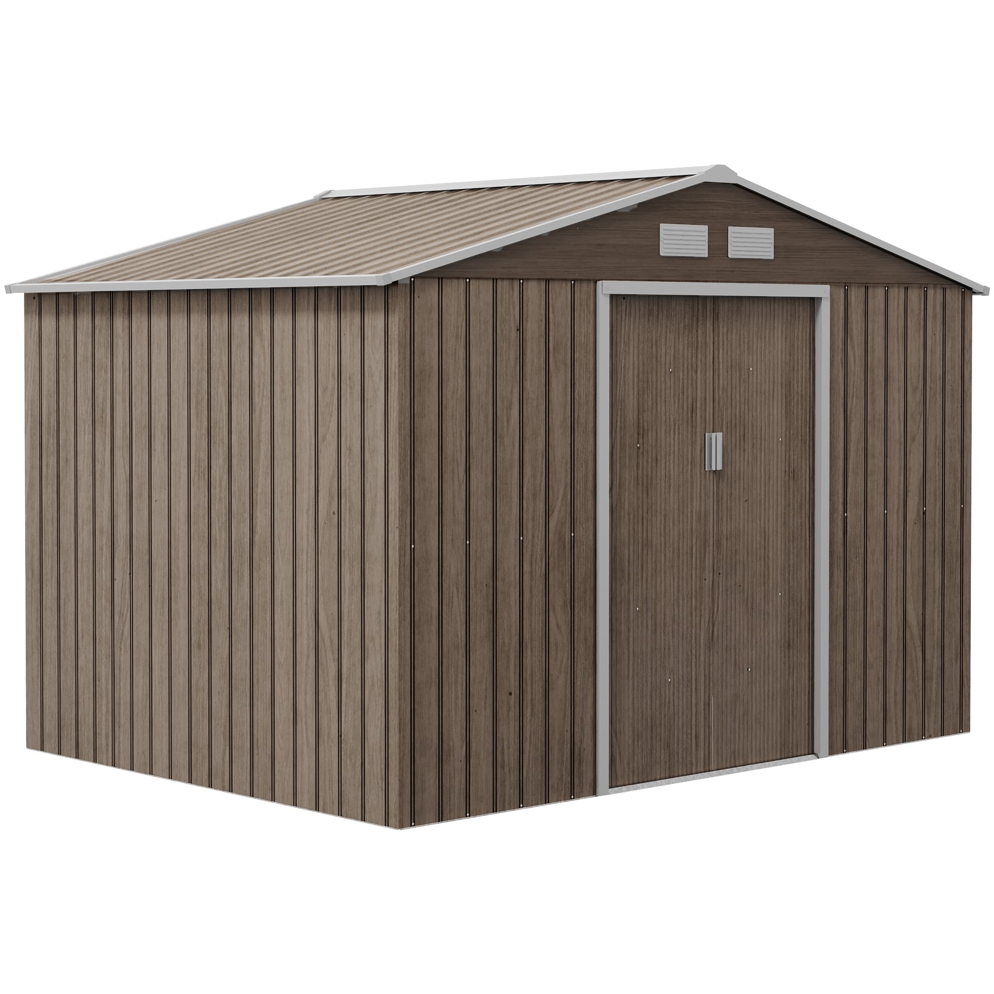 Outsunny 9 x 6ft Steel Garden Shed, Garden Tool Shed with Vents, Foundation and Lockable Double Doors, Brown | Aosom UK