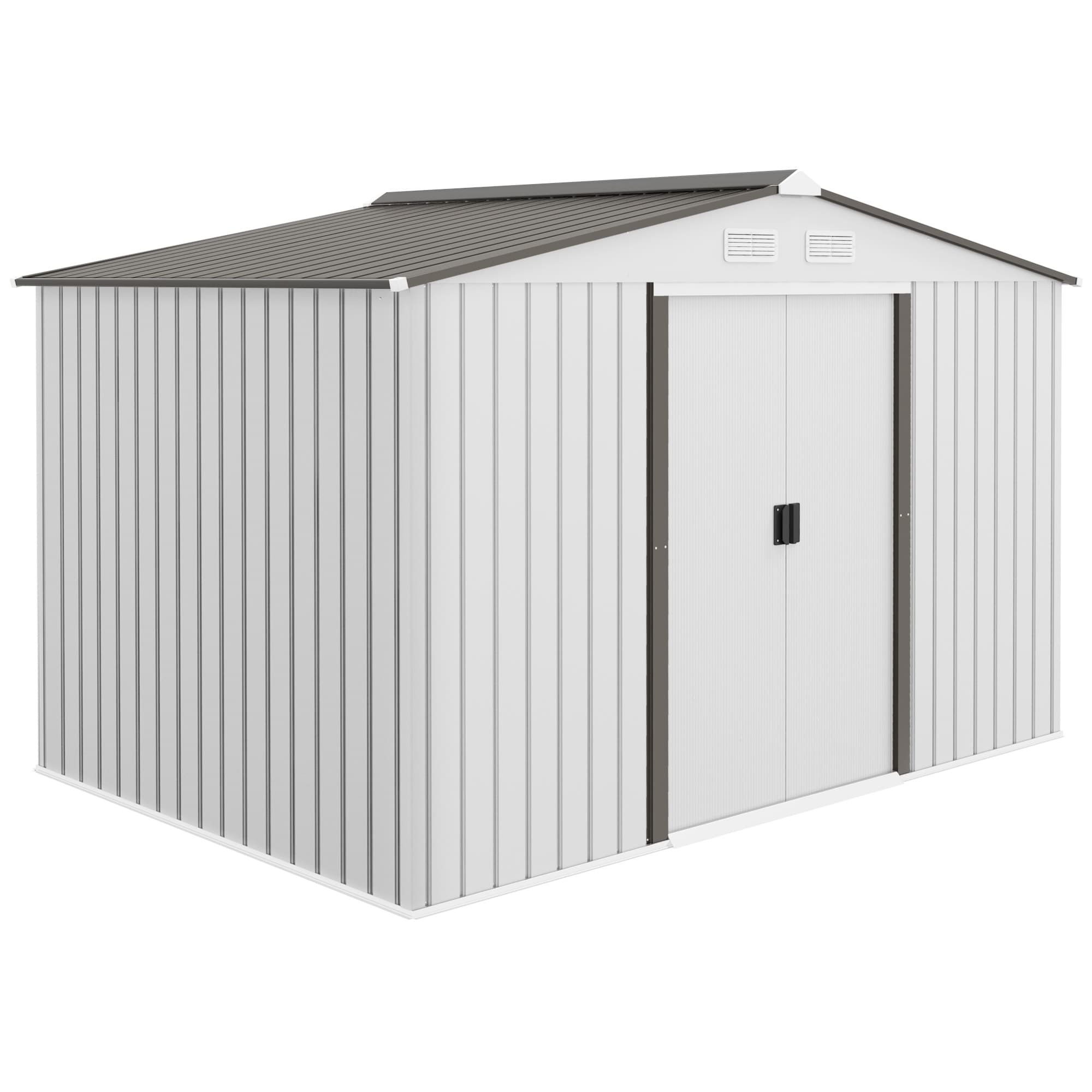 Outsunny 9 x 6ft Garden Storage Shed for Motorbike, Metal Outdoor Storage Shed House with Floor Foundation, Ventilation & Doors, Grey | Aosom UK