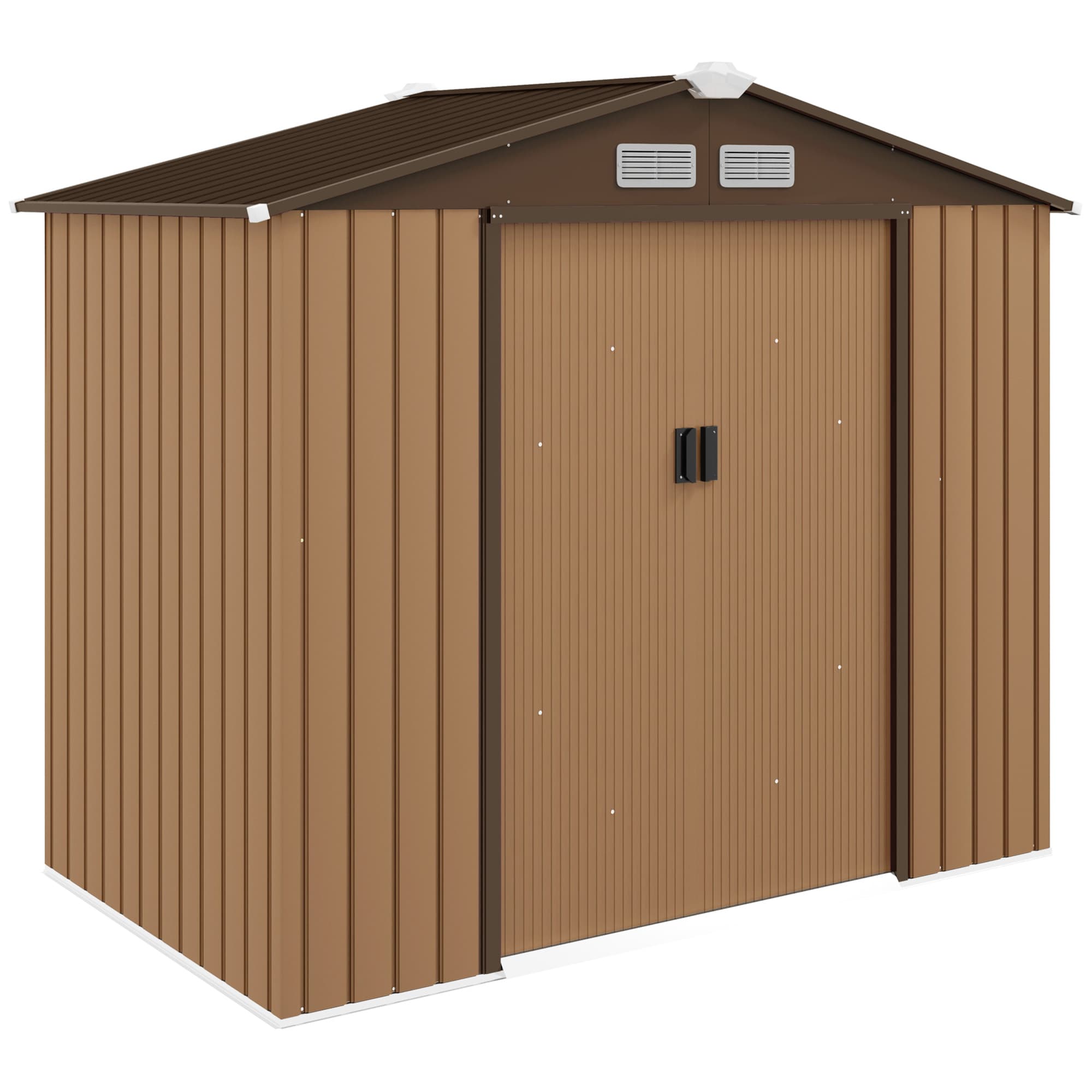 Outsunny 7 x 4 ft Lockable Garden Storage Shed, Large Patio Roofed Tool Metal Storage Building Foundation Shed for Equipment & Tools, Light Brown | Aosom UK
