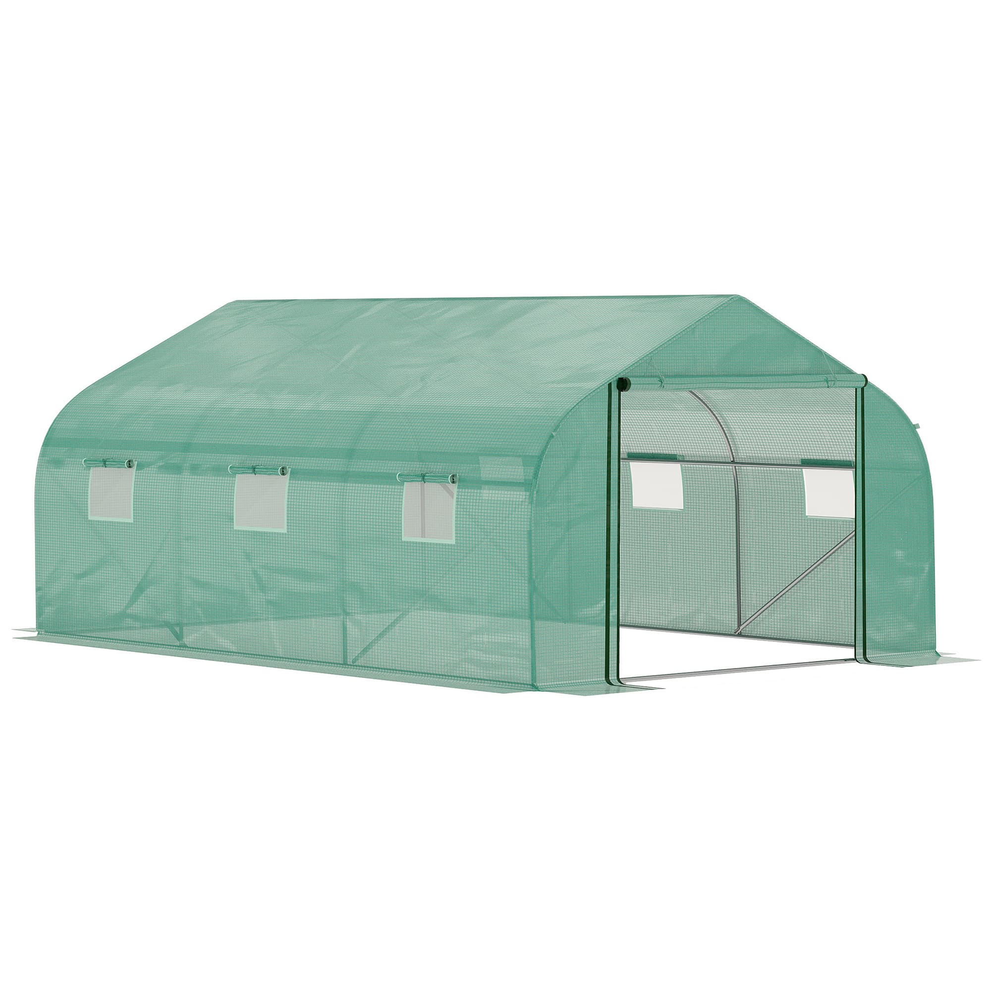 Outsunny Polytunnel Plastic Greenhouse with Steel Frame, 6 Windows & Roll-Up Door for Outdoor Plant Growing, Green | Aosom UK