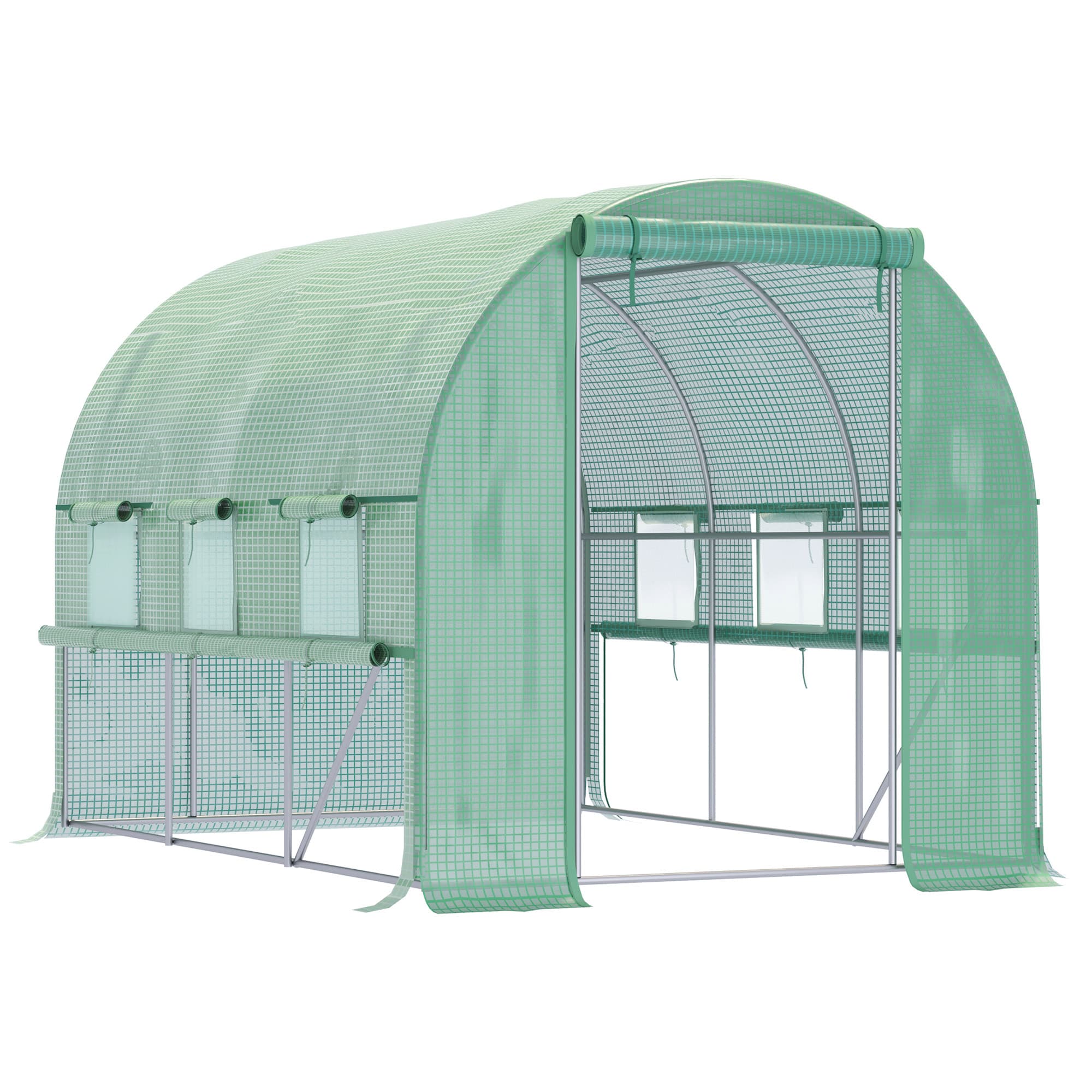 Outsunny Walk In Greenhouse, Garden Polytunnel with PE Cover, Zipped Roll Up Door and 6 Mesh Windows, 3x2x2m, Green | Aosom UK
