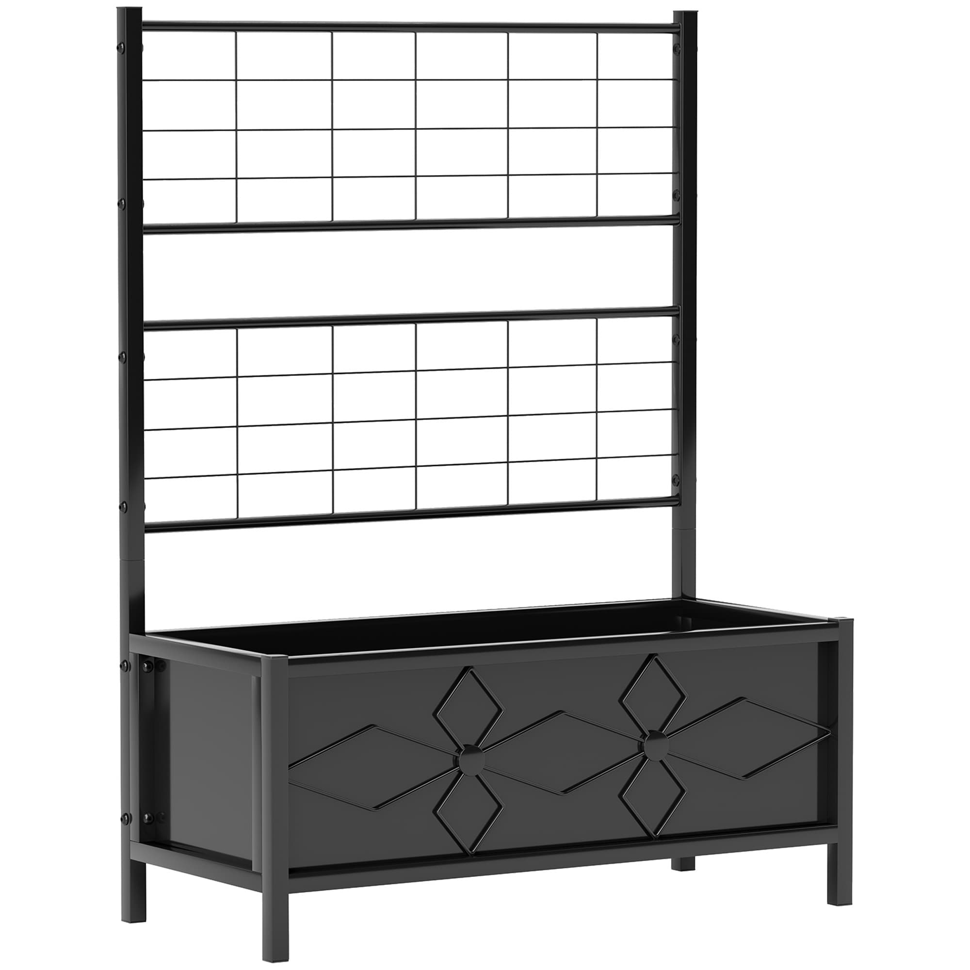 Outsunny Raised Bed for Garden with Trellis, Galvanised Planter Box with Diamond Pattern, Drainage Holes for Vegetables, 90 x 40 x 120 cm, Black