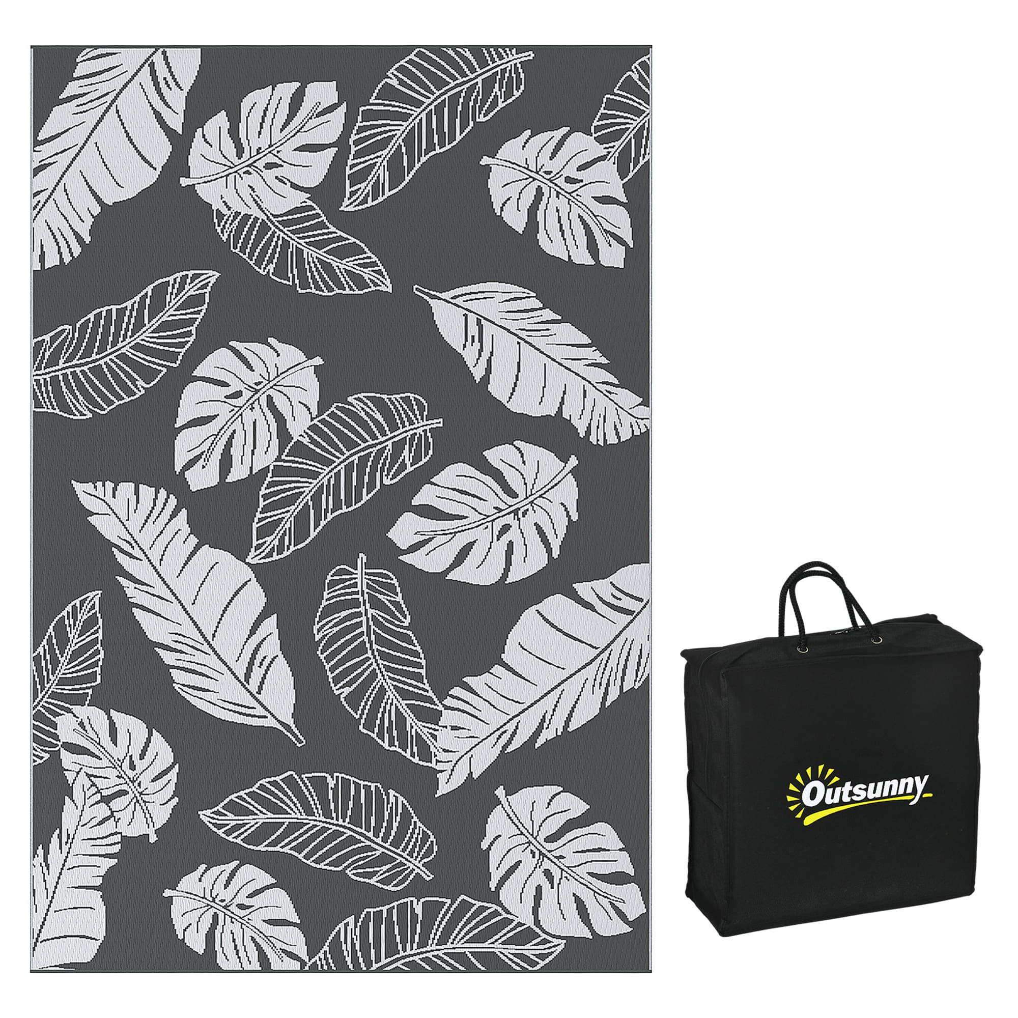 Outsunny Plastic Straw Reversible RV Outdoor Rug with Carry Bag, 182 x 274cm, Grey and White | Aosom UK