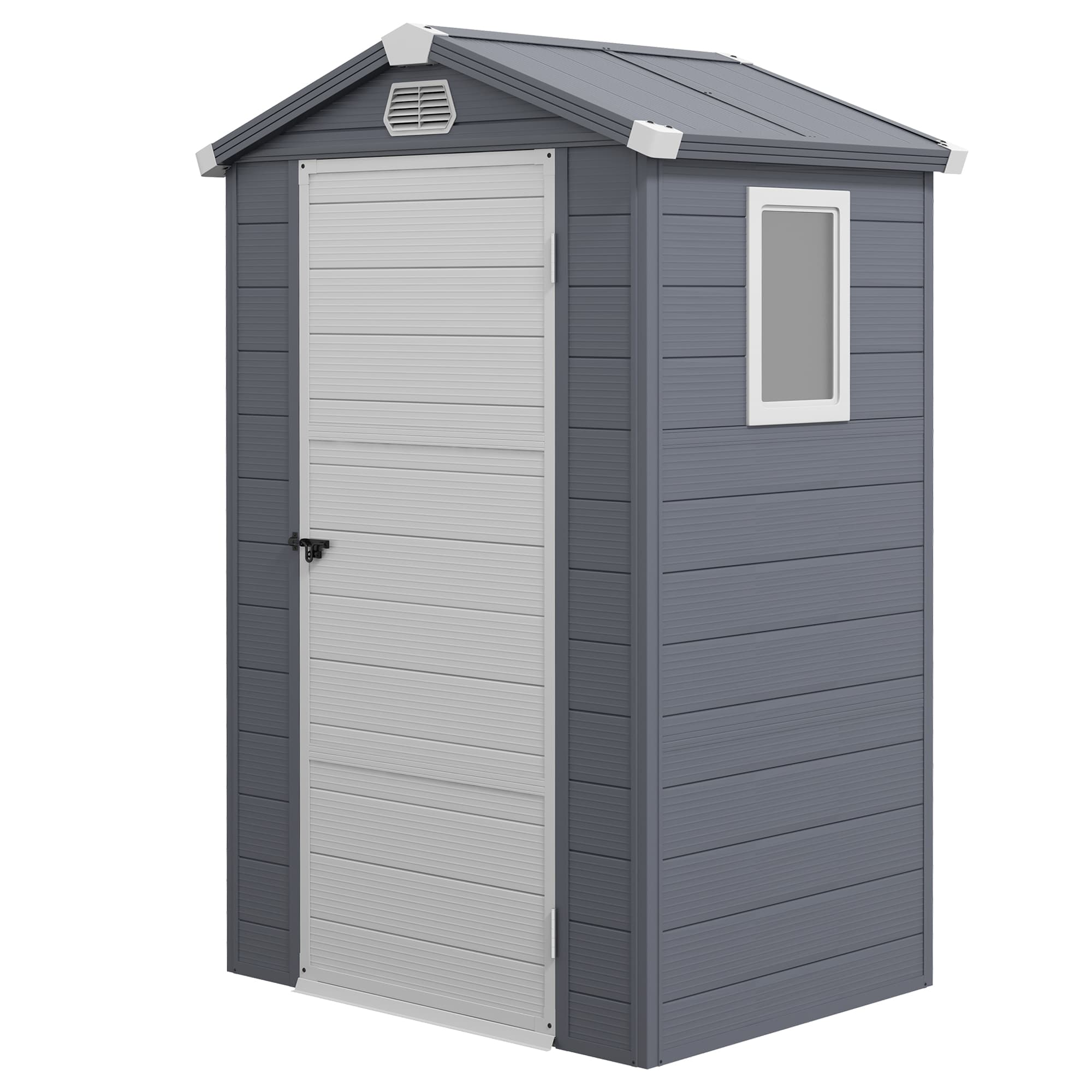 Outsunny 4 x 3ft Garden Shed with Foundation Kit, Polypropylene Outdoor Storage Tool House with Ventilation Slots and Lockable Door, Grey | Aosom UK