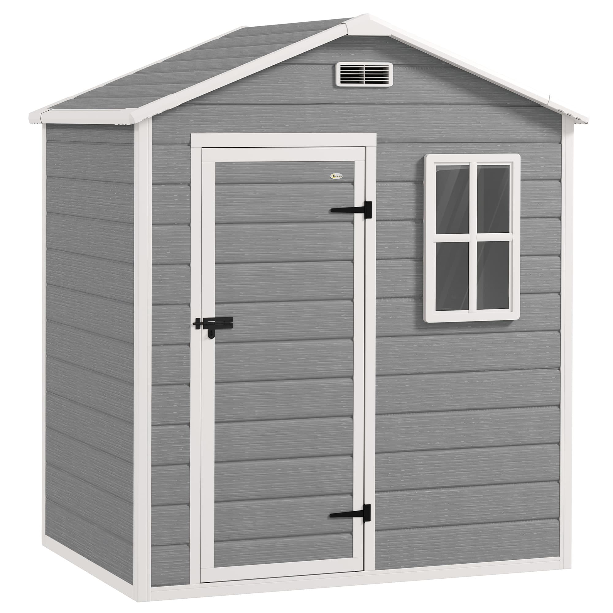 Outsunny 6 x 4ft Outdoor Shed with Foundation, Lockable Door, Vents, Windows, Plastic Shed for Tool Storage, Grey | Aosom UK