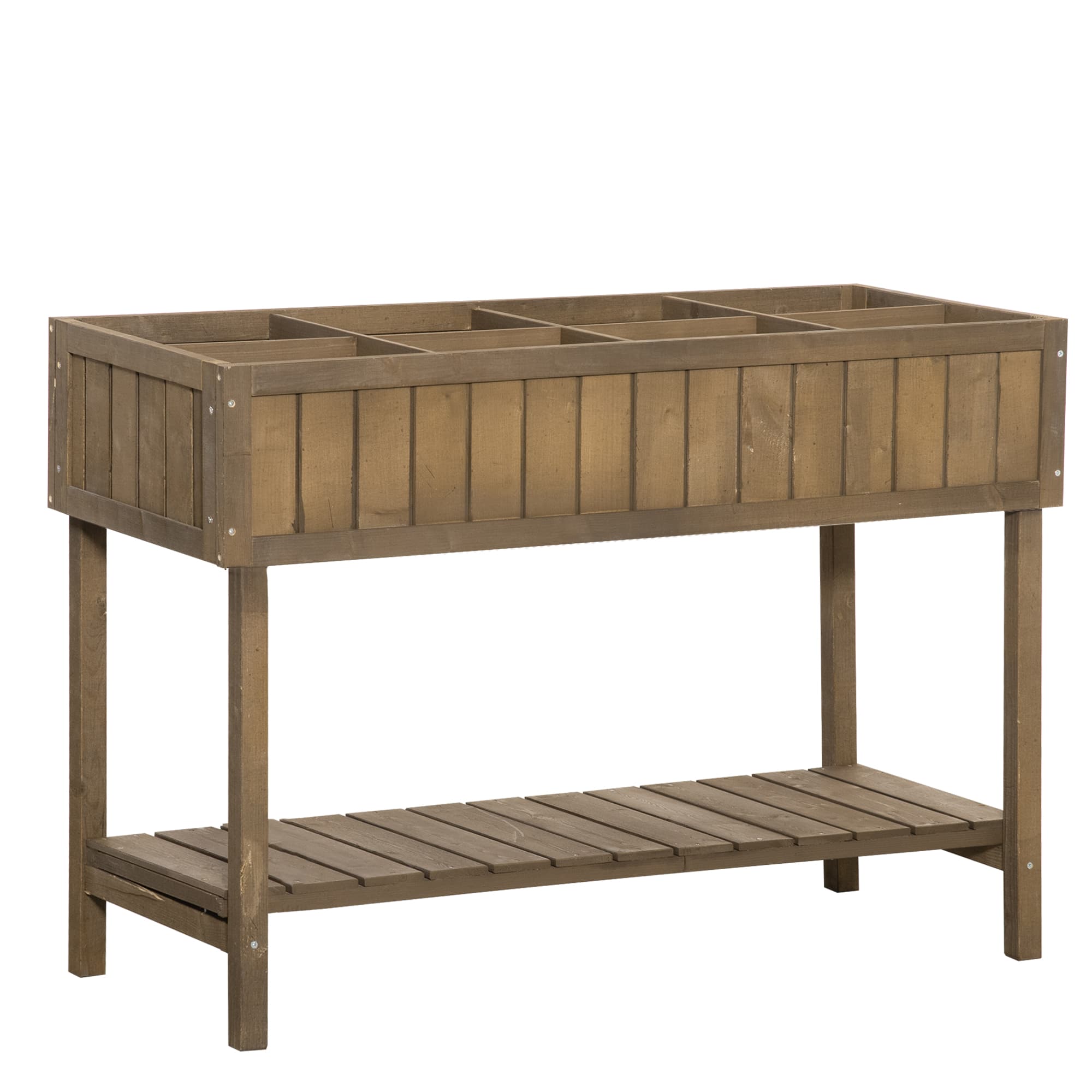 Outsunny Raised Flower Beds Garden Wooden Beds, with 8 Inner Cubes, Bottom Shelf & Drainage Holes, 110x46x76cm, Brown | Aosom UK