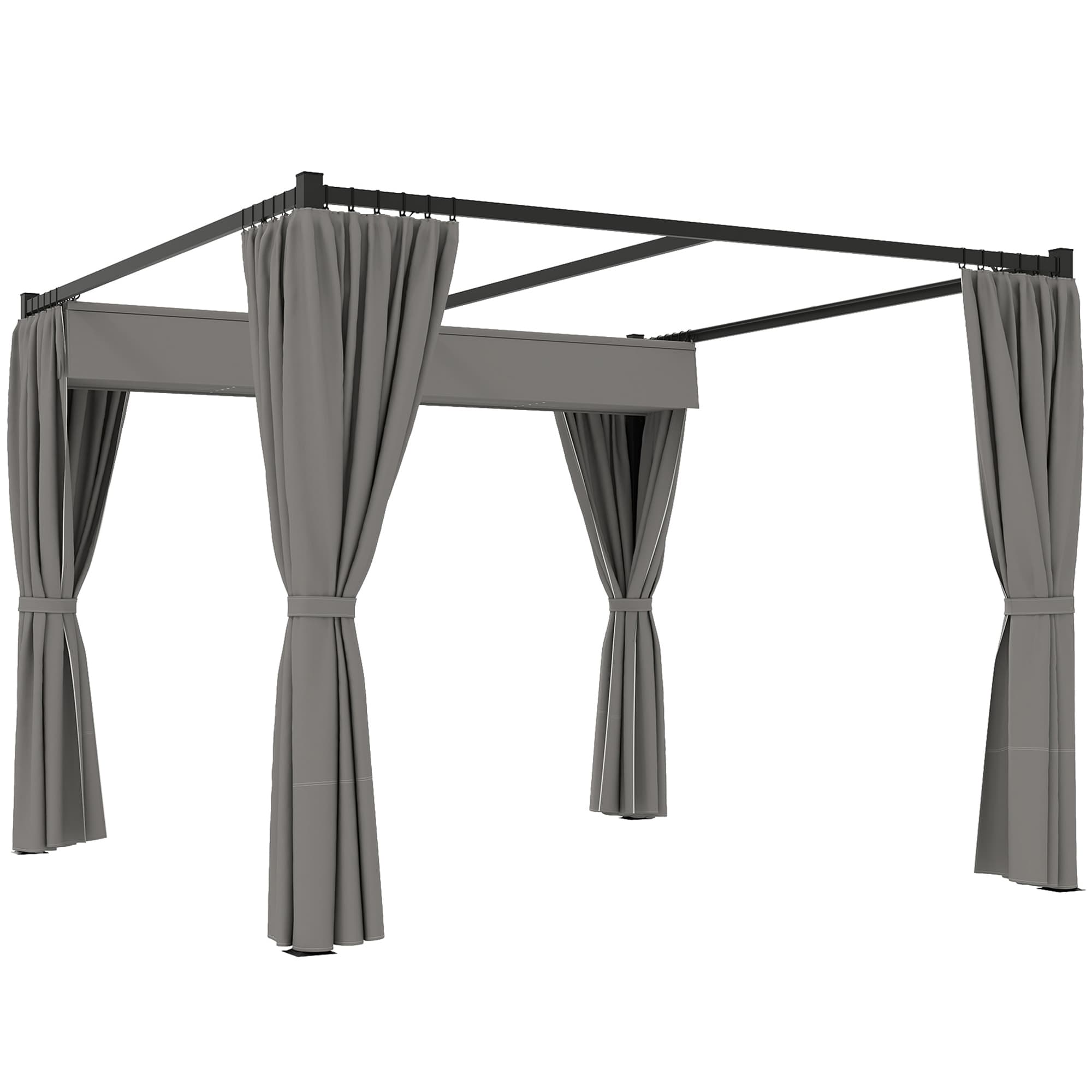 Outsunny 3 x 3(m) Retractable Pergola, Garden Gazebo Shelter with Curtains, for Grill, Patio, Deck, Light Grey