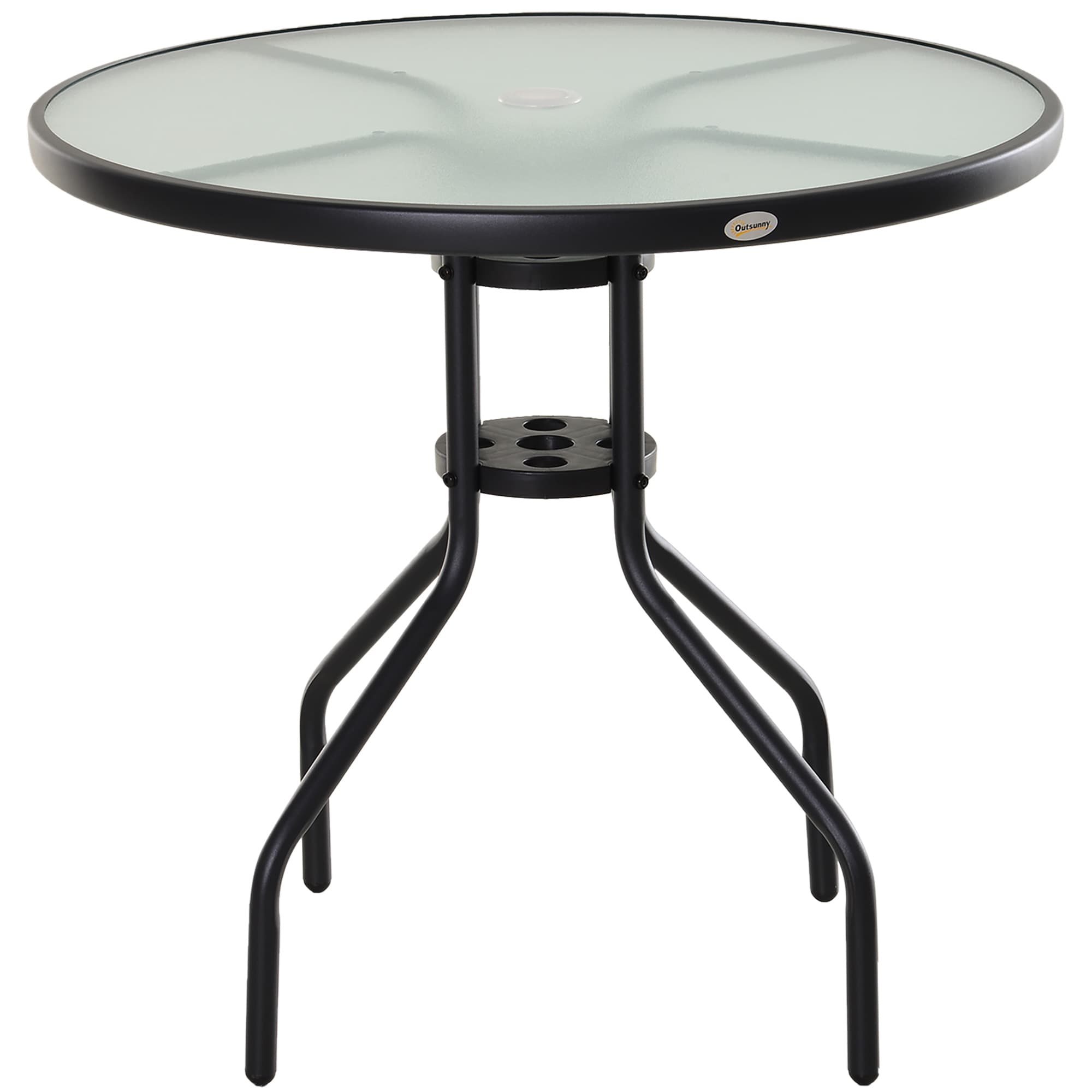 Outsunny Outdoor Dining Table, Round Coffee Table with Parasol Hole, Tempered Glass Top, Garden Side Table, 80cm Diameter | Aosom UK
