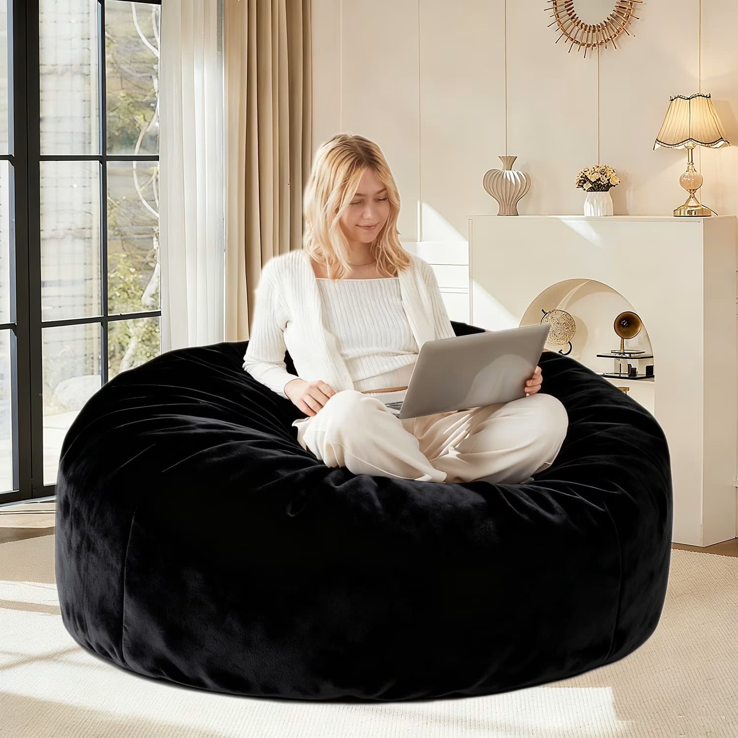 Large Bean Bag Sofa Chair with Washable Covers, Foldable Space-Saving Design, Temporary Guest Bed for Adults, 150L x 150W x 60H cm, Black | Aosom UK