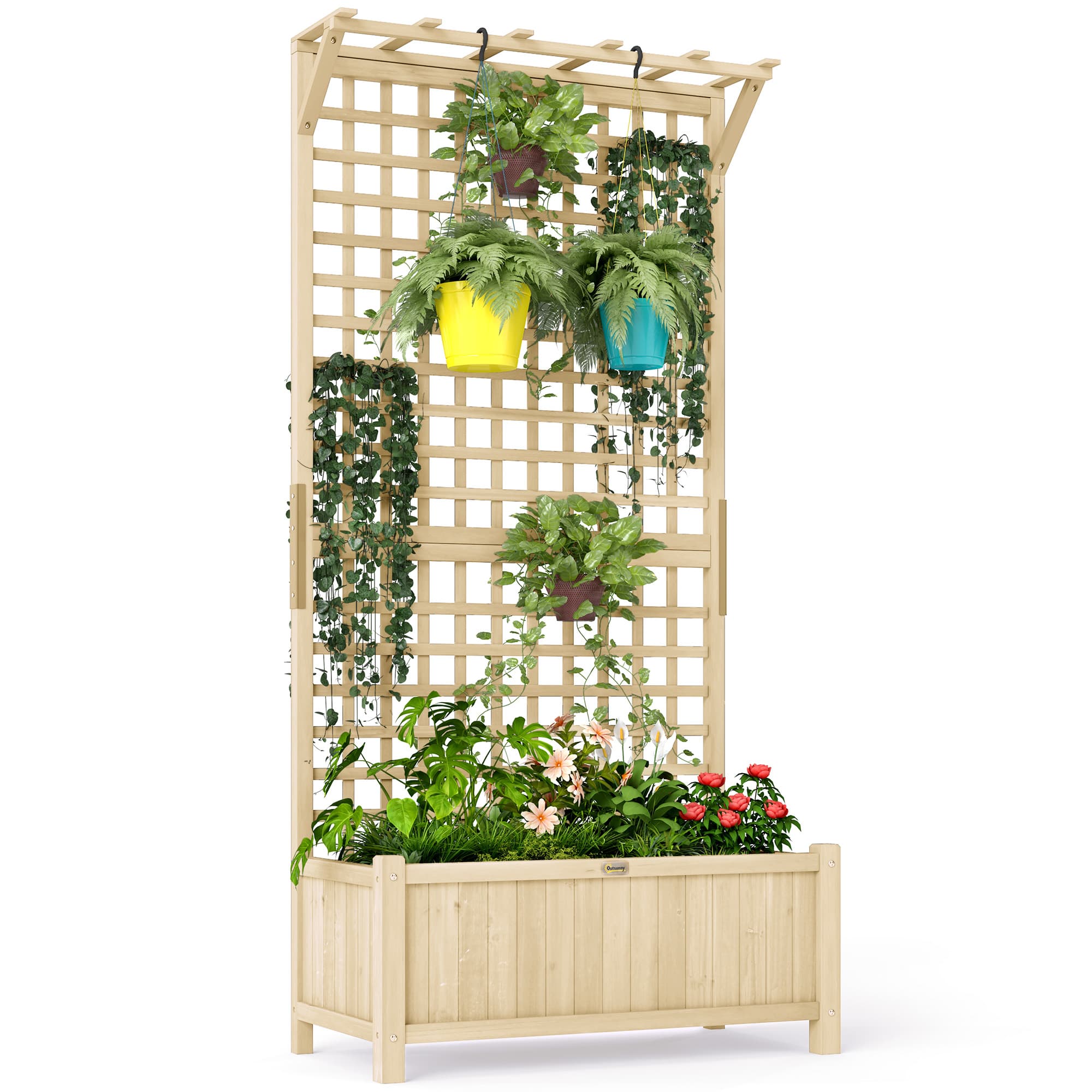 Outsunny Raised Garden Bed with Trellis, Wooden Planter Box with Drainage Holes for Climbing Plants, Outdoor Vertical Garden Planter, Natural | Aosom UK