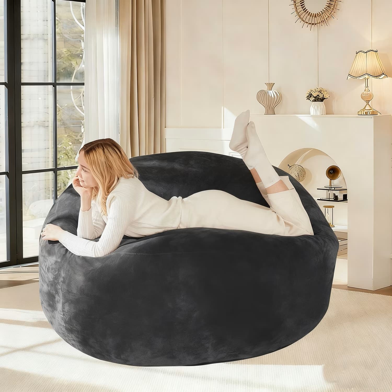 Large Bean Bag Sofa Chair with Eco-Friendly Bead Filling, Foldable Design, Reading Lounger for Adults, 150L x 150W x 60H cm, Dark Gray | Aosom UK