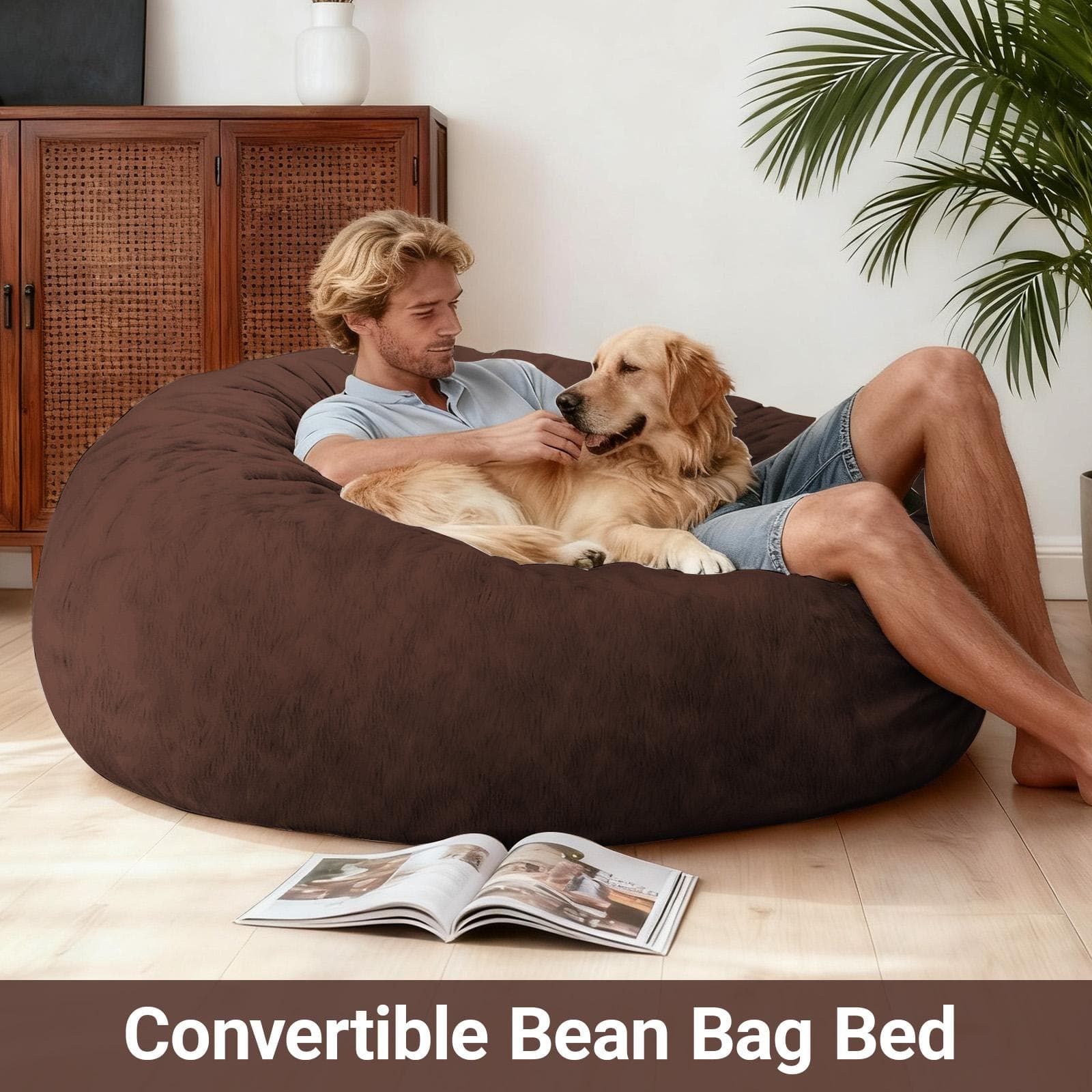 2-In-1 Convertible Bean Bag Chair Bed with Removable Machine-Washable Cover, Giant sofa with Soft Liner, 110L x 110W x 70H cm, Brown | Aosom UK