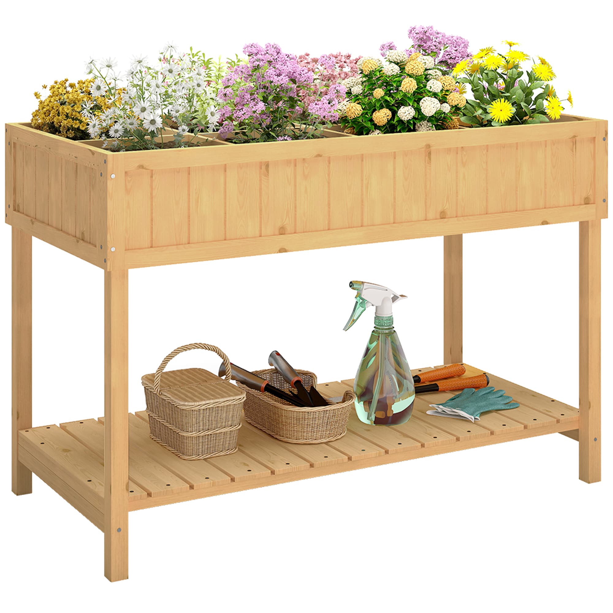 Outsunny Garden Wooden Planters, Flower Box Raised, Rectangular 8 Compartment Plant Stand, Oak Tone | Aosom UK