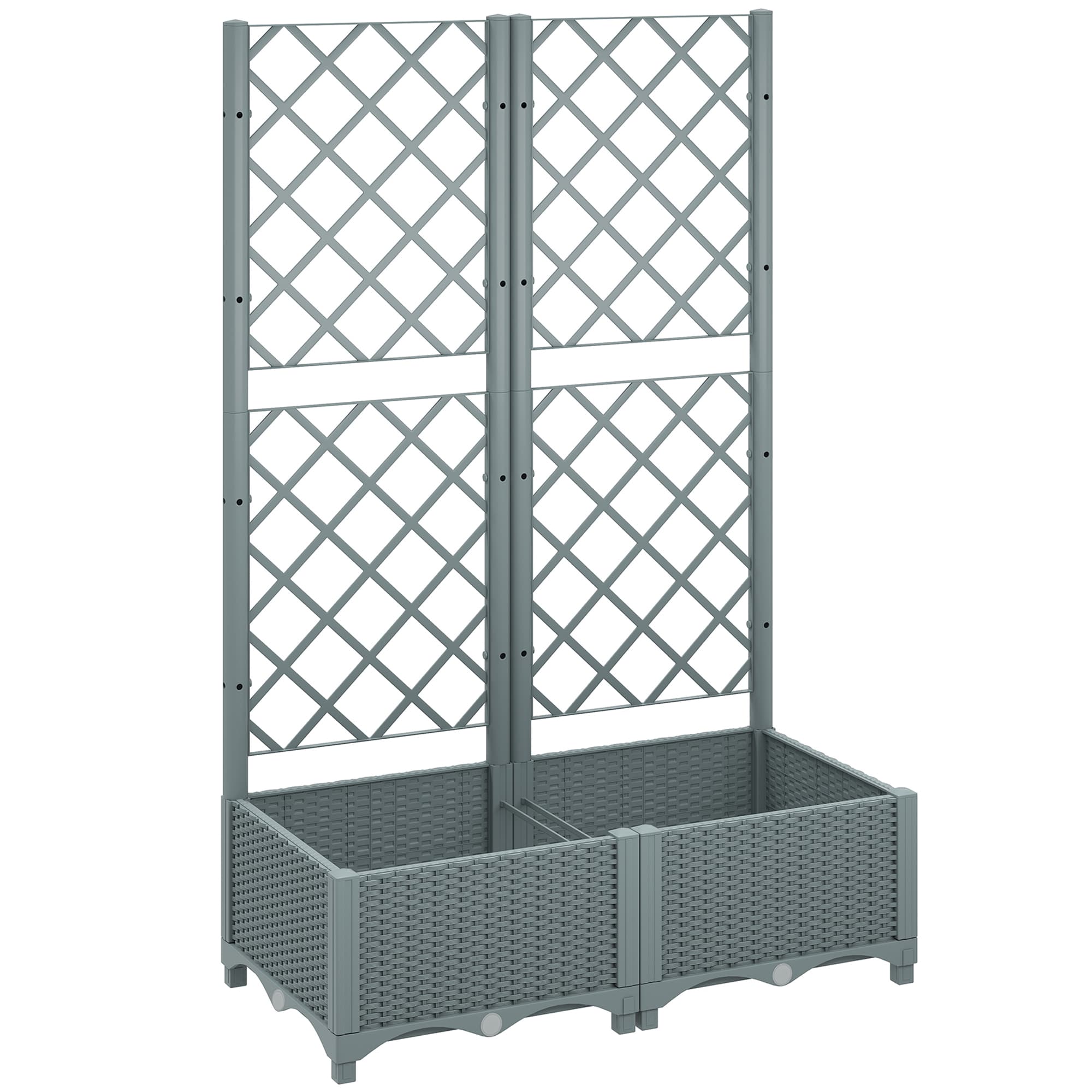 Outsunny Raised Garden Bed with Trellis, Plastic Planter Box with Drainage Holes, Drain Plugs and Water Reservoirs for Climbing Plants, Vegetables, Flowers, Grey
