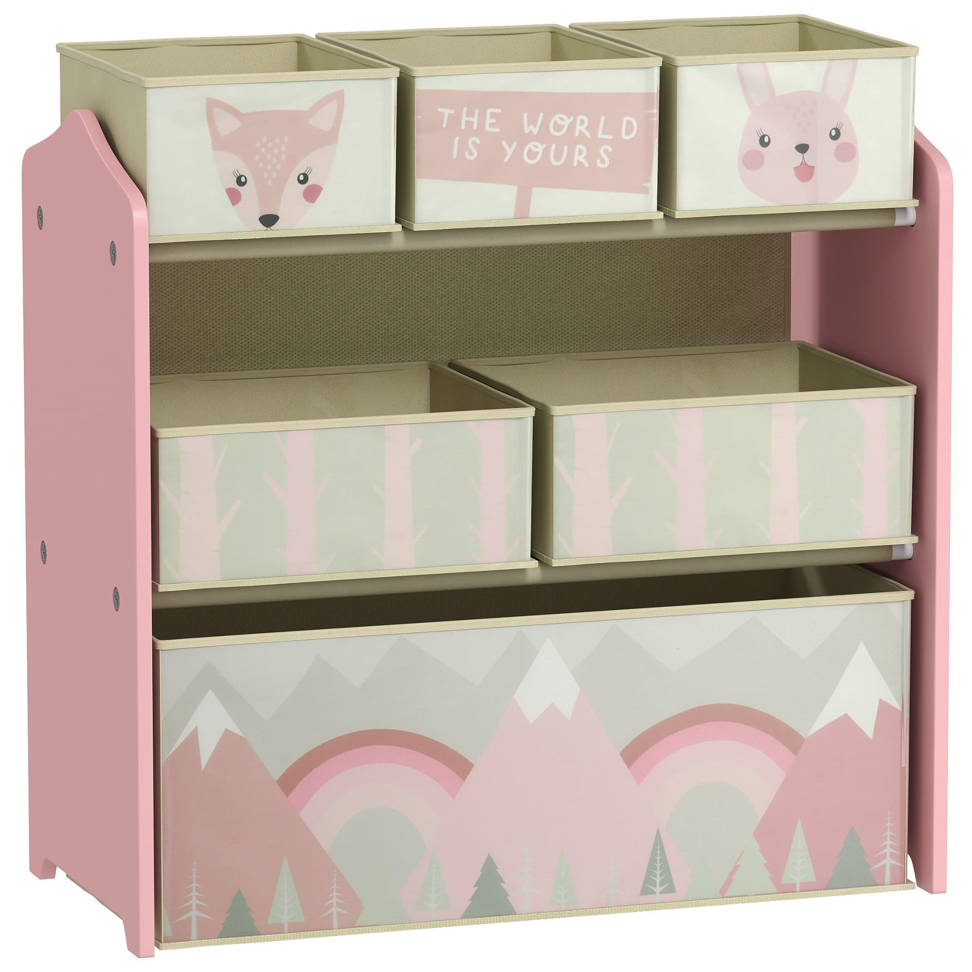 ZONEKIZ Children's Toy Storage Unit with 6 Fabric Bins, Bedroom and Nursery Organiser, 63 x 30 x 66cm, Pink | Aosom UK