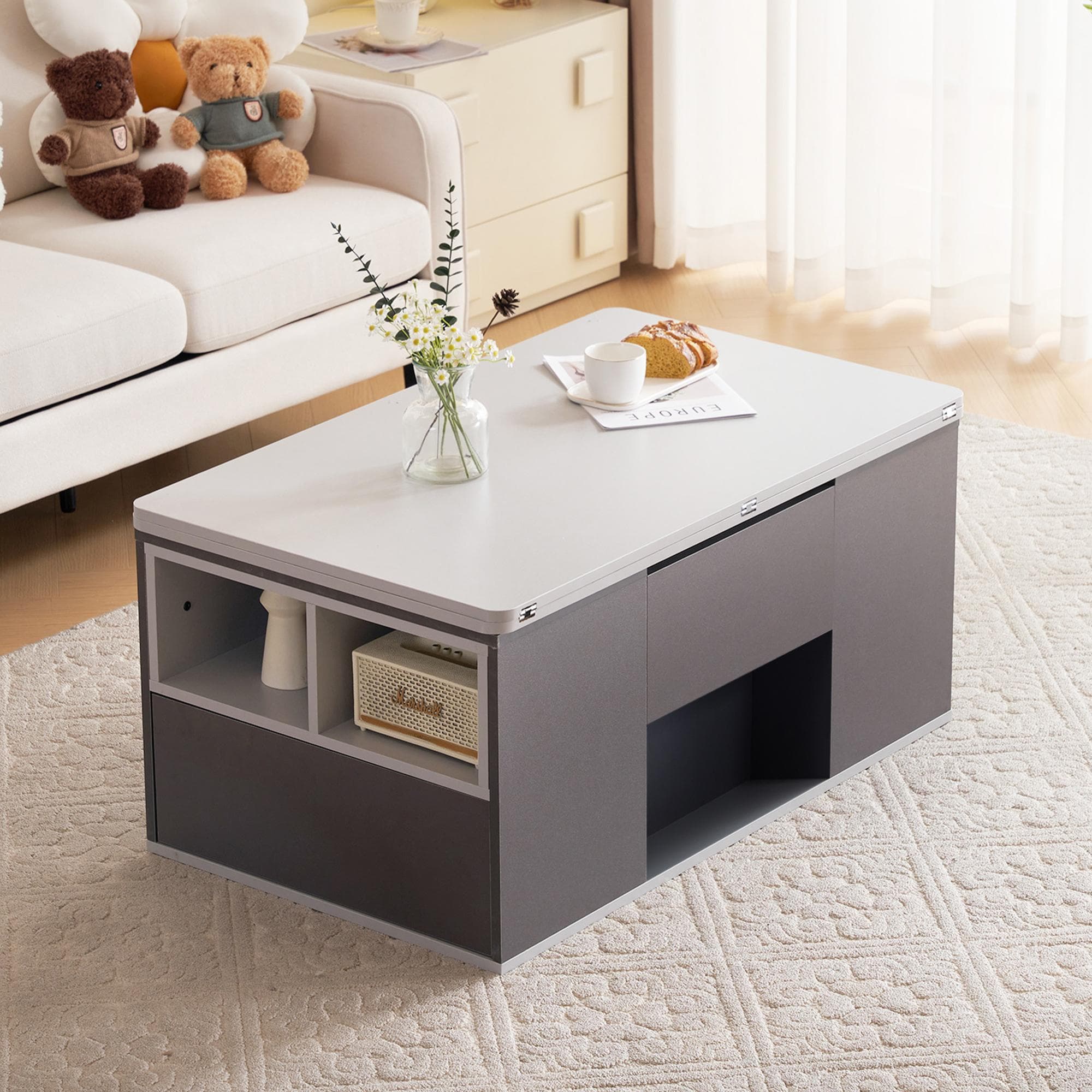 Lift-Top Coffee Table with 2 Push-to-Open Drawers and 3 Open CompartmentsStorage, Desk for Dining/Work/Relax, 100L x 51W x 47H cm, Grey | Aosom UK