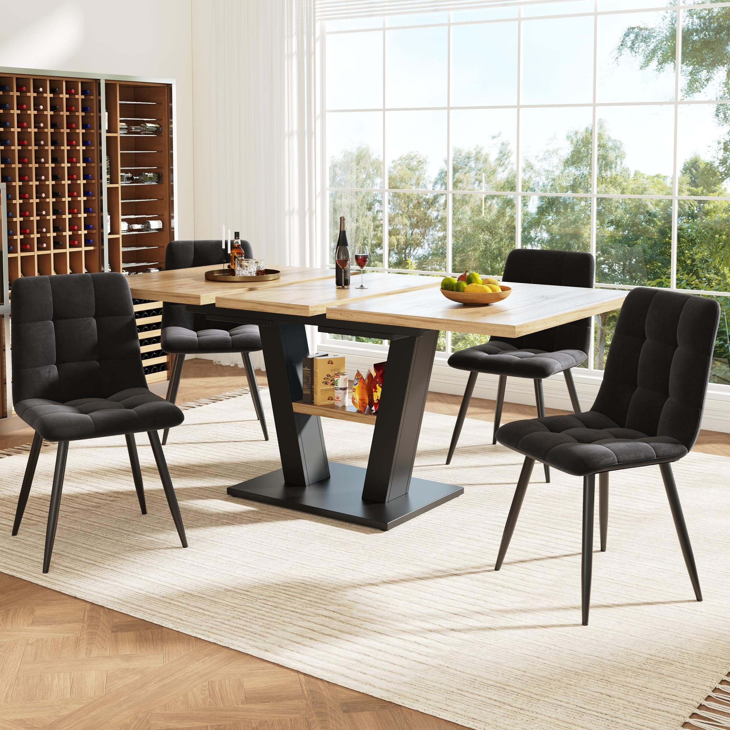 Extendable Dining Table, Marble-Effect MDF Top, V-Shaped Metal Legs, Space-Saving Desk/Table for 6-8, 118x70x75 cm, Black/Natural | Aosom UK