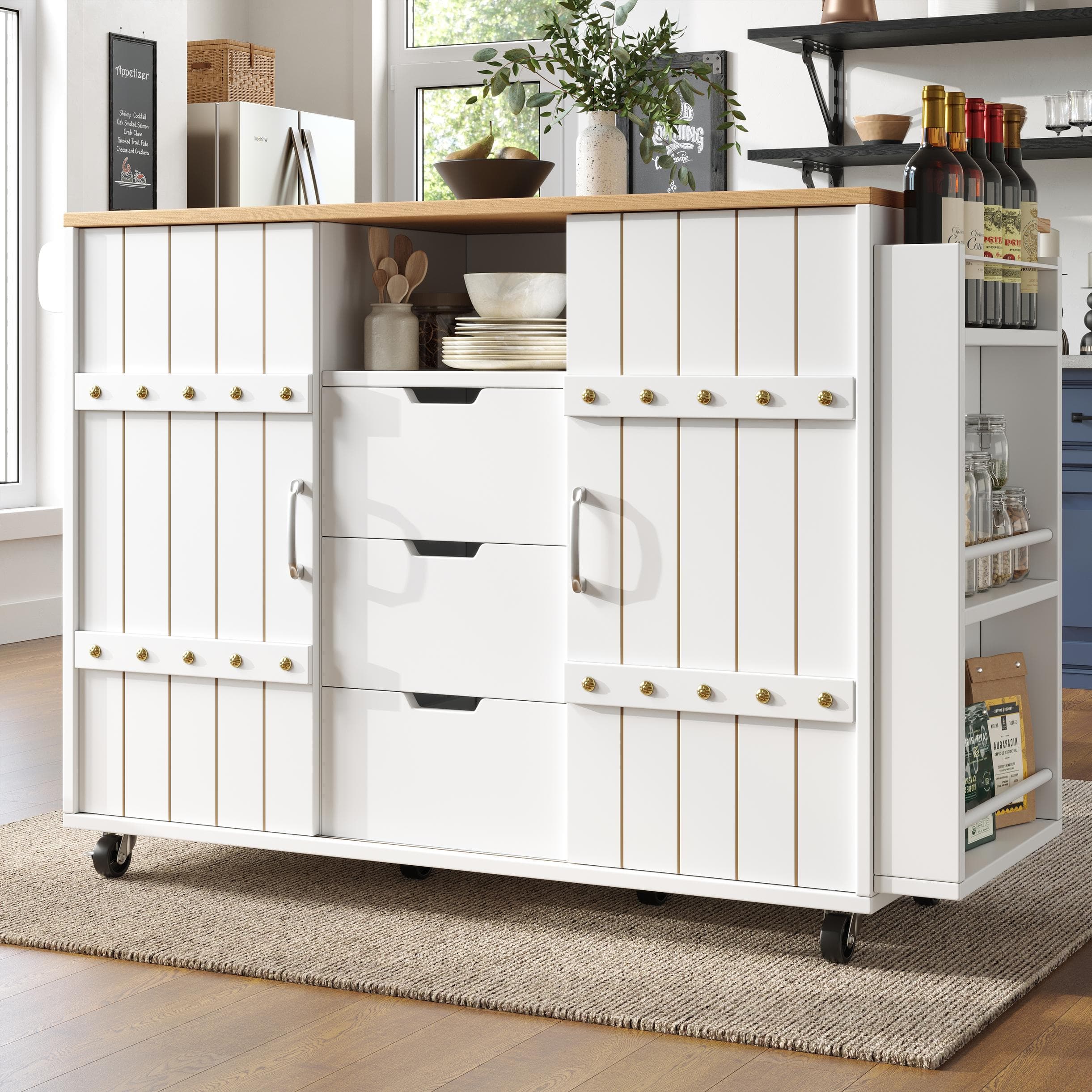 Kitchen Island Trolley with Fold-Out Worktop, Aluminium Handles, 2 Lockable Castors, Rolling Serving Cart, 10L x 42W x 90H cm, White | Aosom UK