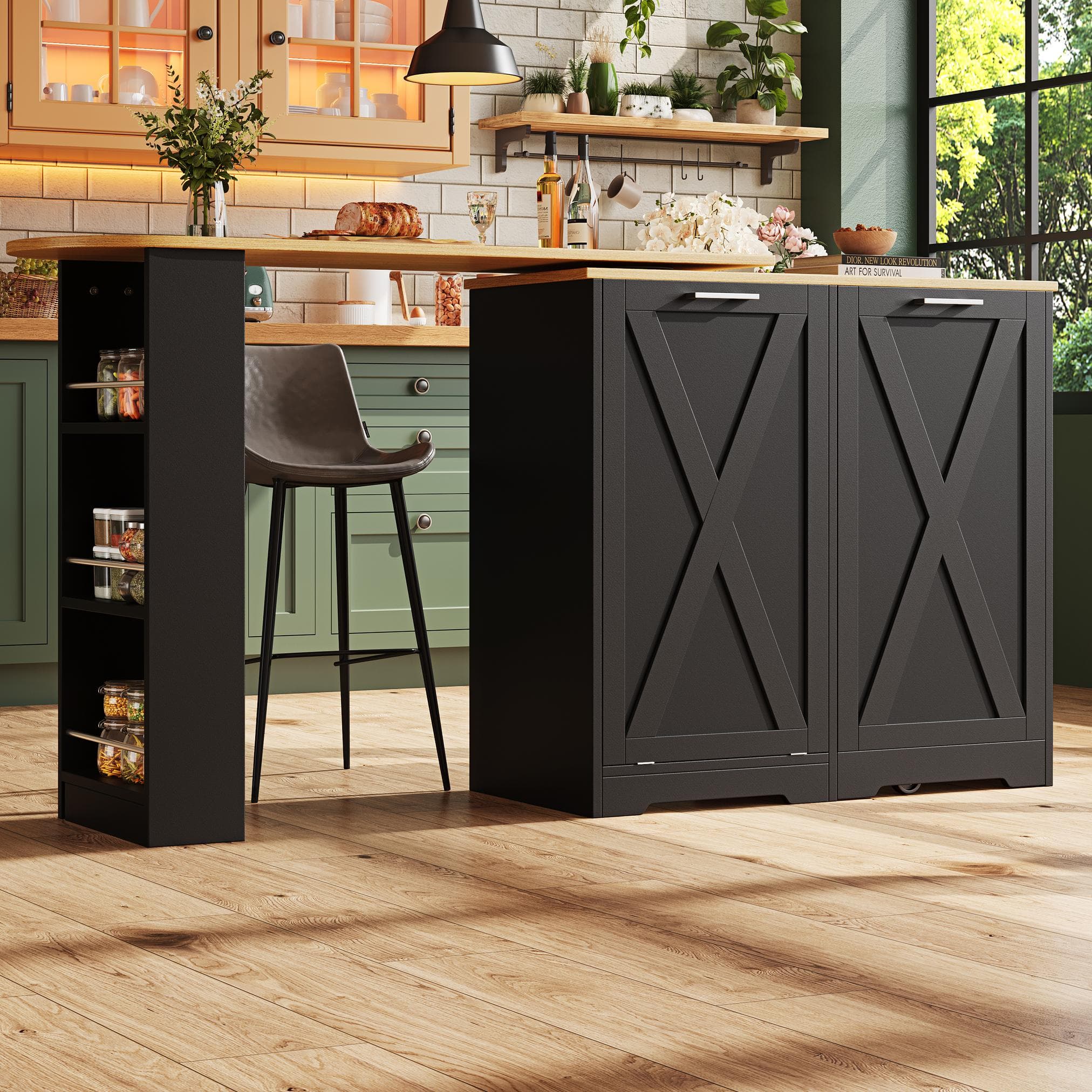 360° Rotating Kitchen Island with Folding 3D Textured Doors and Side Shelves, Swivel Sideboard for Kitchen, 138L x 38W x 105.5H cm, Black | Aosom UK