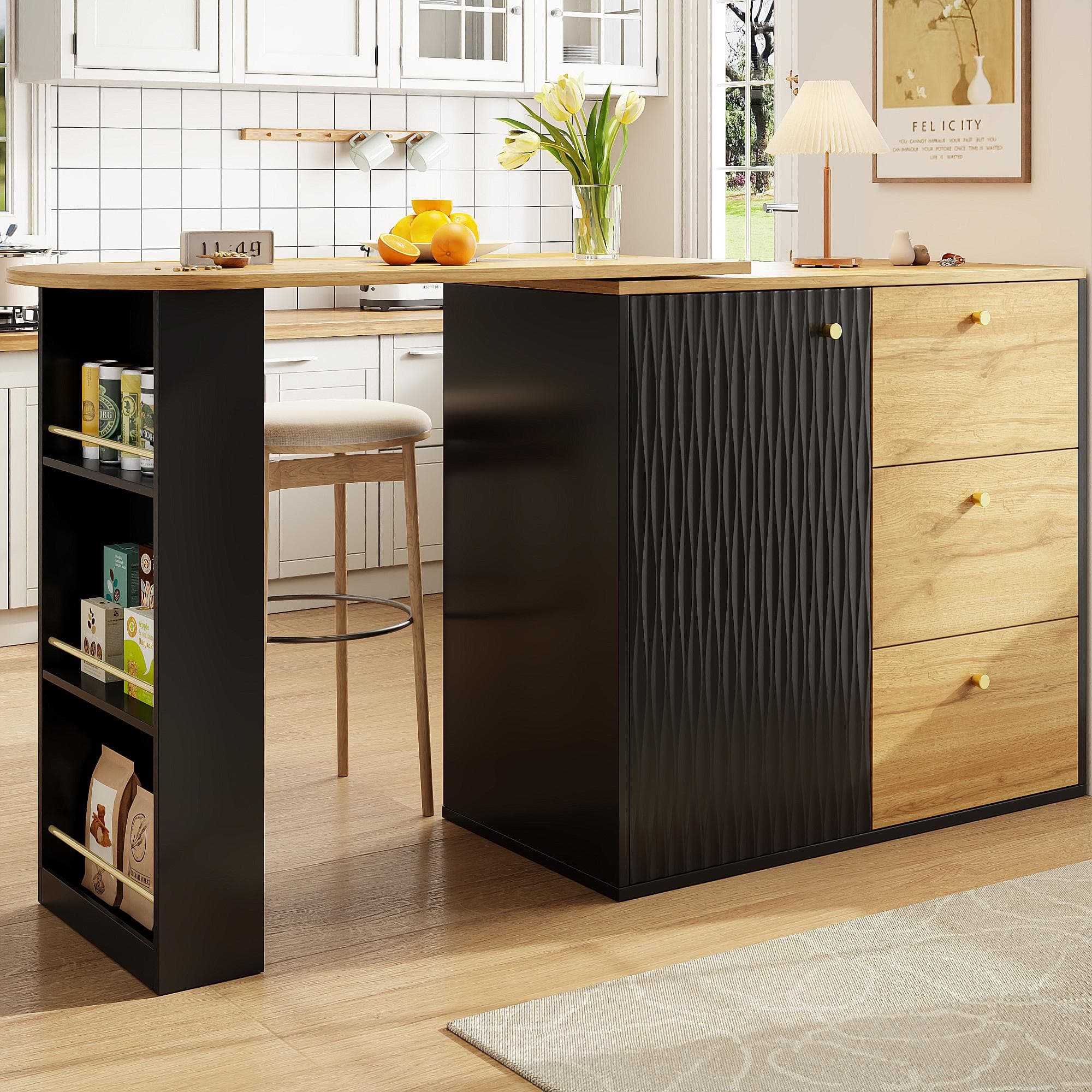 Extendable Bar Table with Pull-Out System and Snack Compartment, Kitchen Island with Drawers, Shelves, 138L x 39W x 104H cm, Black+Natural | Aosom UK