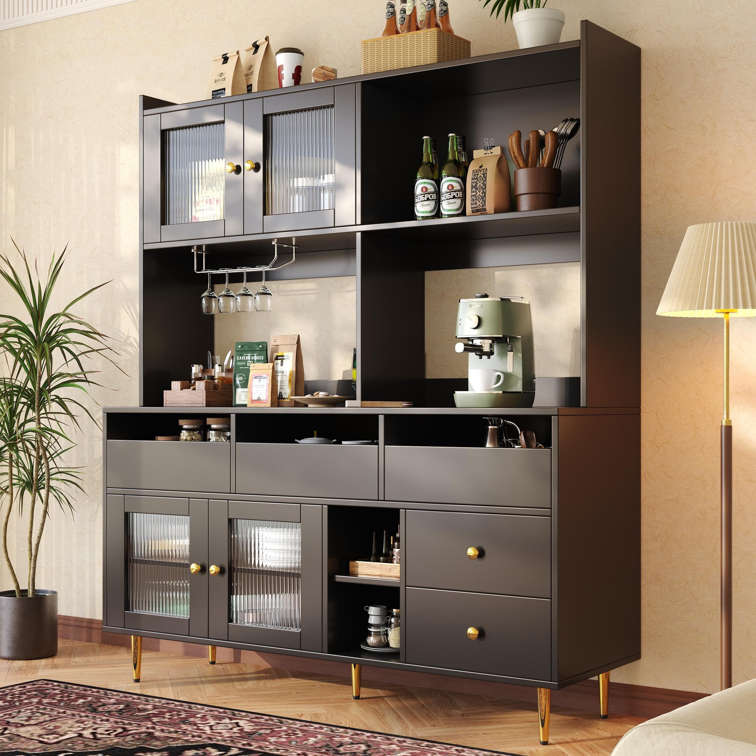 Tall Sideboard Storage Cabinet with Changhong Glass Door & Built-In Wine Rack, Pantry Unit for Living Room, 145x39x171 cm, Black | Aosom UK