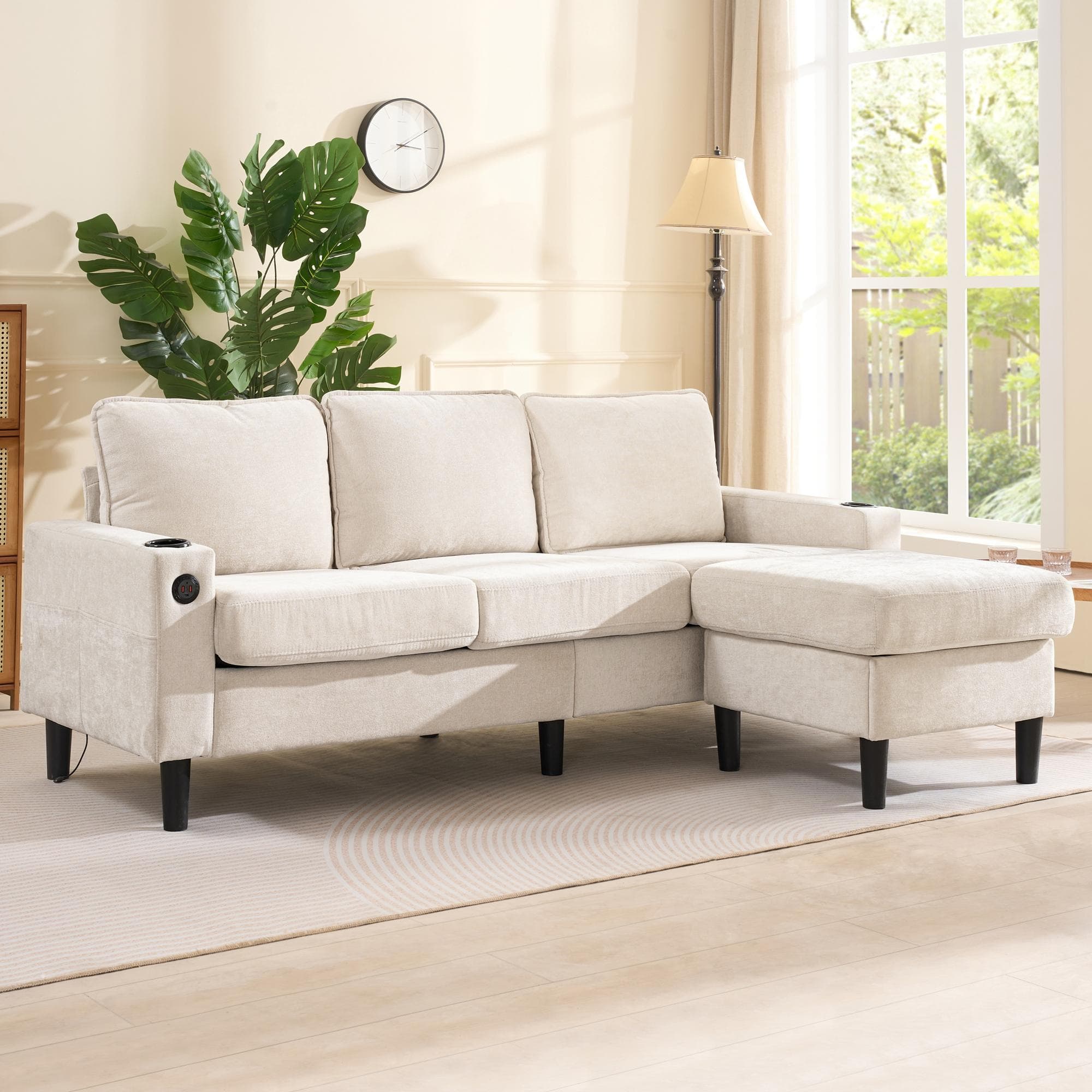 L-Shaped Corner Sofa with USB Charging Ports and Cup Holders, Modular Sofa with Storage Ottoman and Pockets, 202L x 137W x 80H cm, Beige | Aosom UK