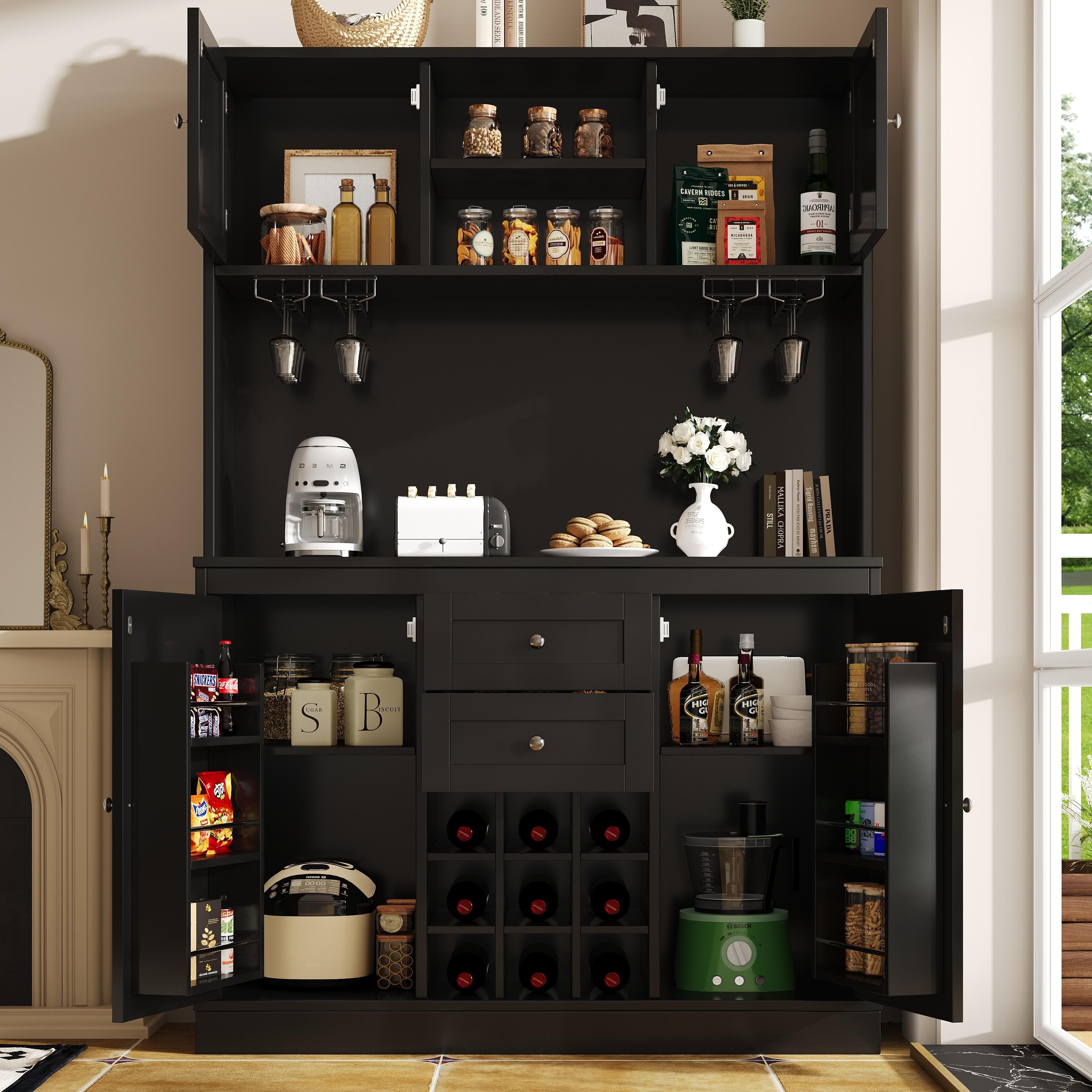 Tall Kitchen Cabinet with 4 Doors & 2 Smooth-Glide Drawers and Adjustable Shelves, Sideboard with Wine Racks, 120L x 40W x 188H cm, Black | Aosom UK