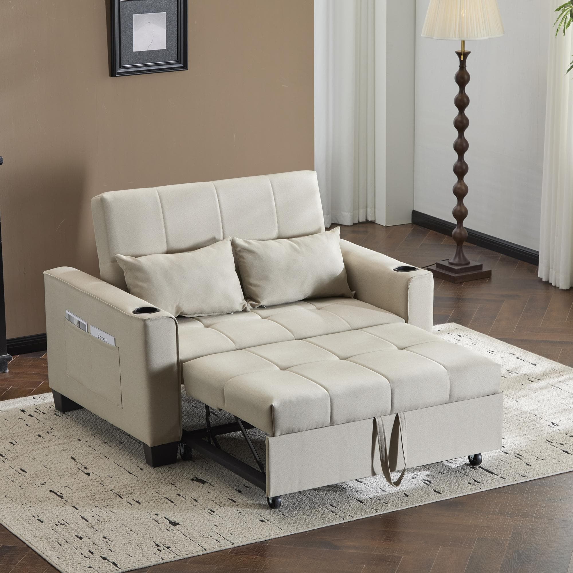3-In-1 Convertible Pull-Out Sleeper with 3-Position Adjustable Backrest, 2 Seater Sofa Bed for Compact Room, 140L x 96W x 97H cm, Beige | Aosom UK