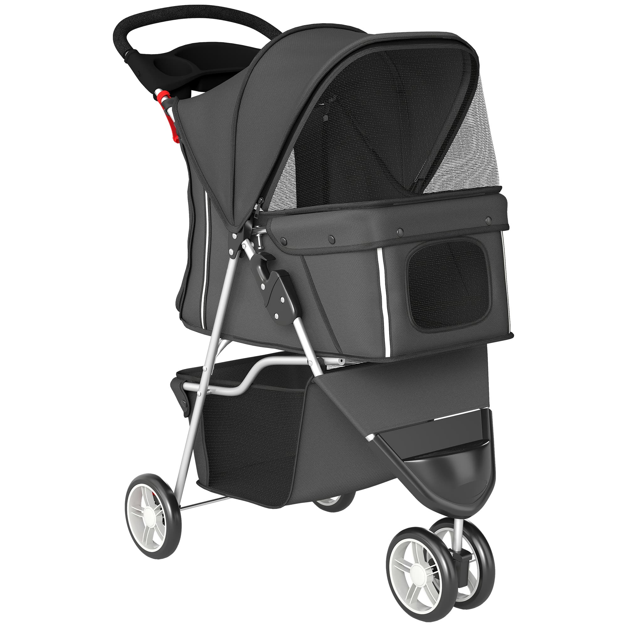 PawHut Dog Stroller, 3 Wheels Foldable Pet Stroller with Adjustable Canopy, Storage Basket for Small Mini Breeds, Dark Grey