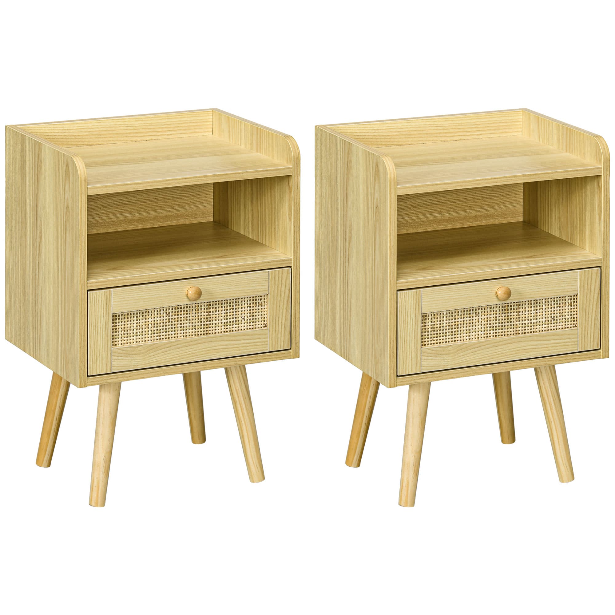 HOMCOM Bedside Table Set of 2, Boho Nightstand with Drawer, Storage Compartment, Natural Wood Finish | Aosom UK
