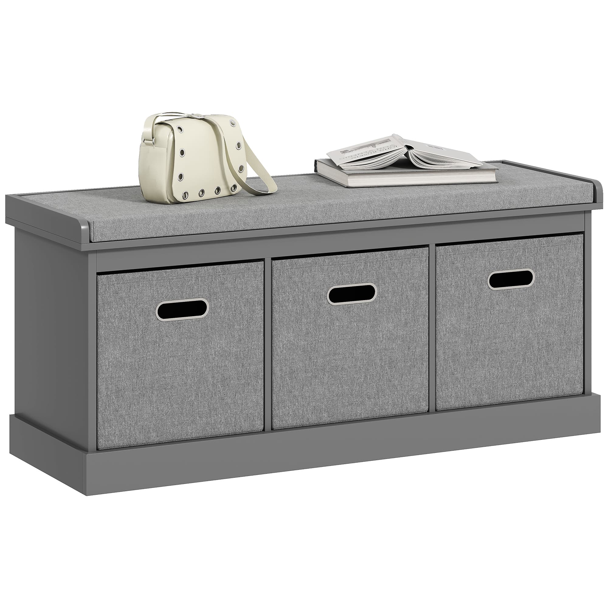 HOMCOM Shoe Bench with Seat, Shoe Storage Bench with Cushion and 3 Fabric Drawers for Entryway, Hallway, Living Room, Bedroom, Grey | Aosom UK