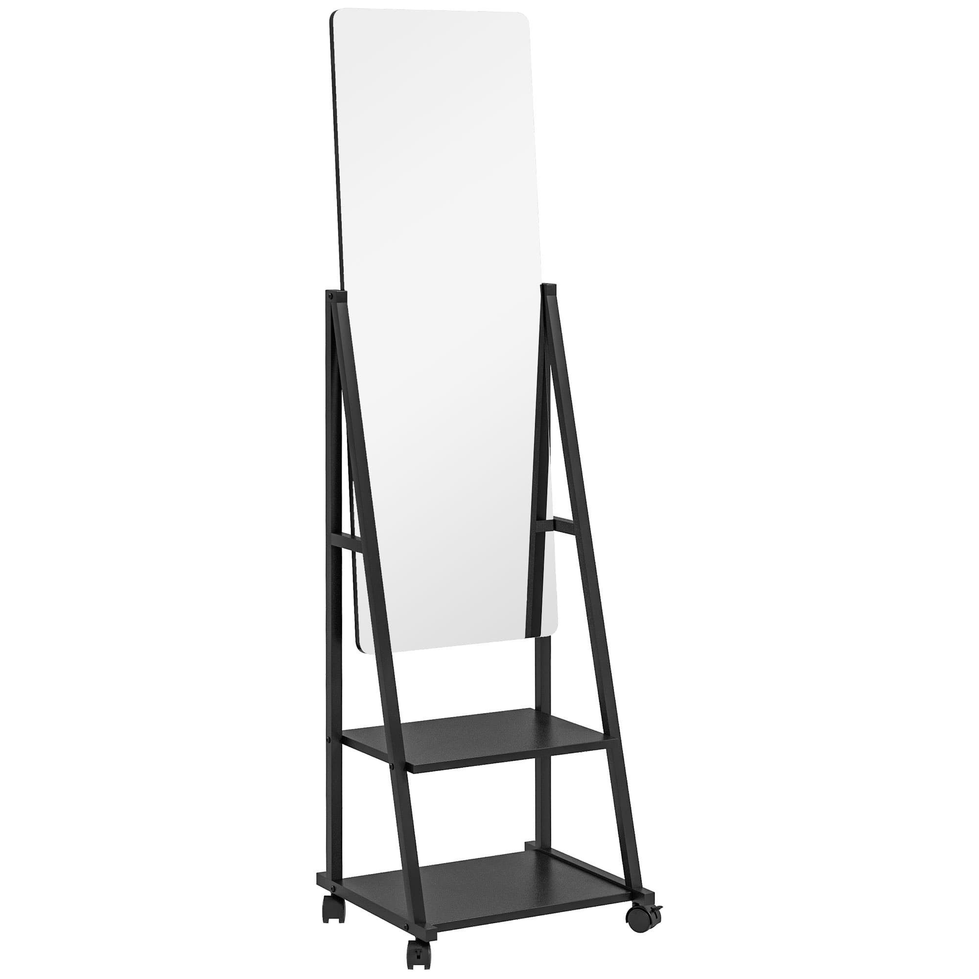 HOMCOM Rolling Full-Length Dressing Mirror on Wheels with Adjustable Angle & Storage Shelves for Bedroom | Aosom UK