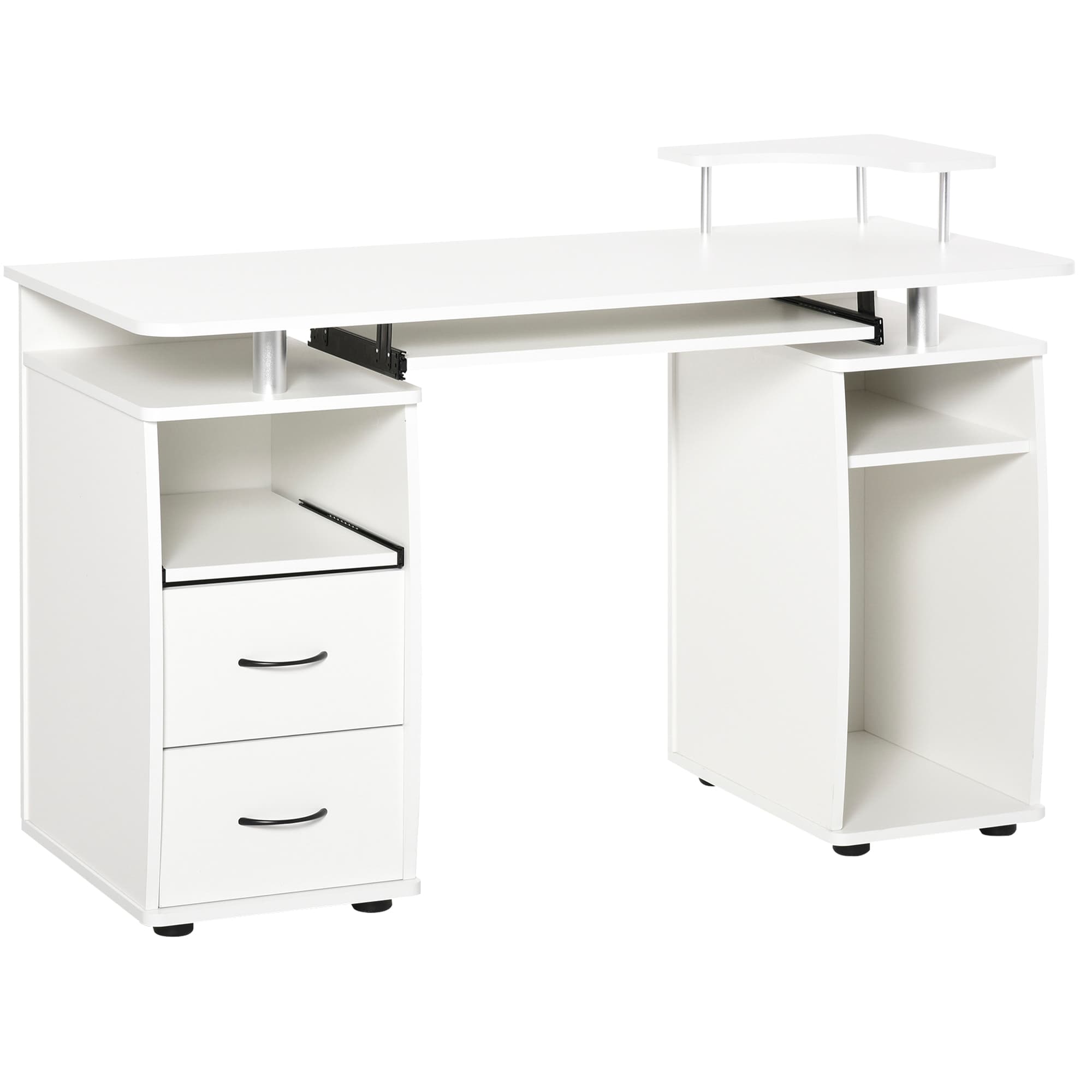 HOMCOM Office PC Desk, Computer Table Workstation with Keyboard Tray, CPU Shelf, Drawers, Sliding Scanner Shelf, White | Aosom UK