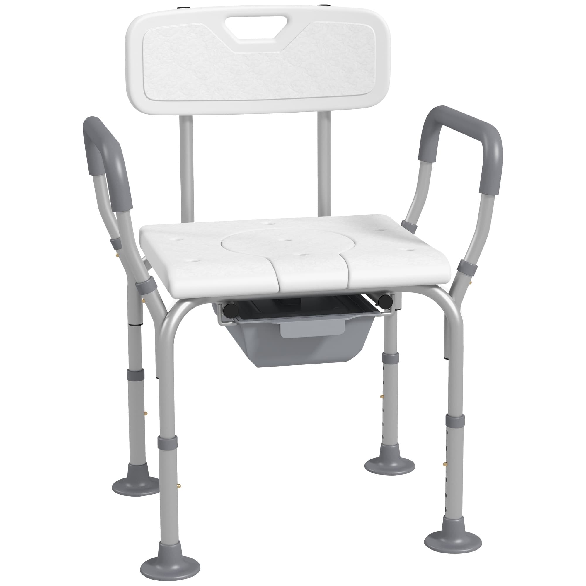 HOMCOM Height Adjustable Shower Stool with Arms and Back, Non-Slip Bedside Commode, Detachable Bucket, White | Aosom UK